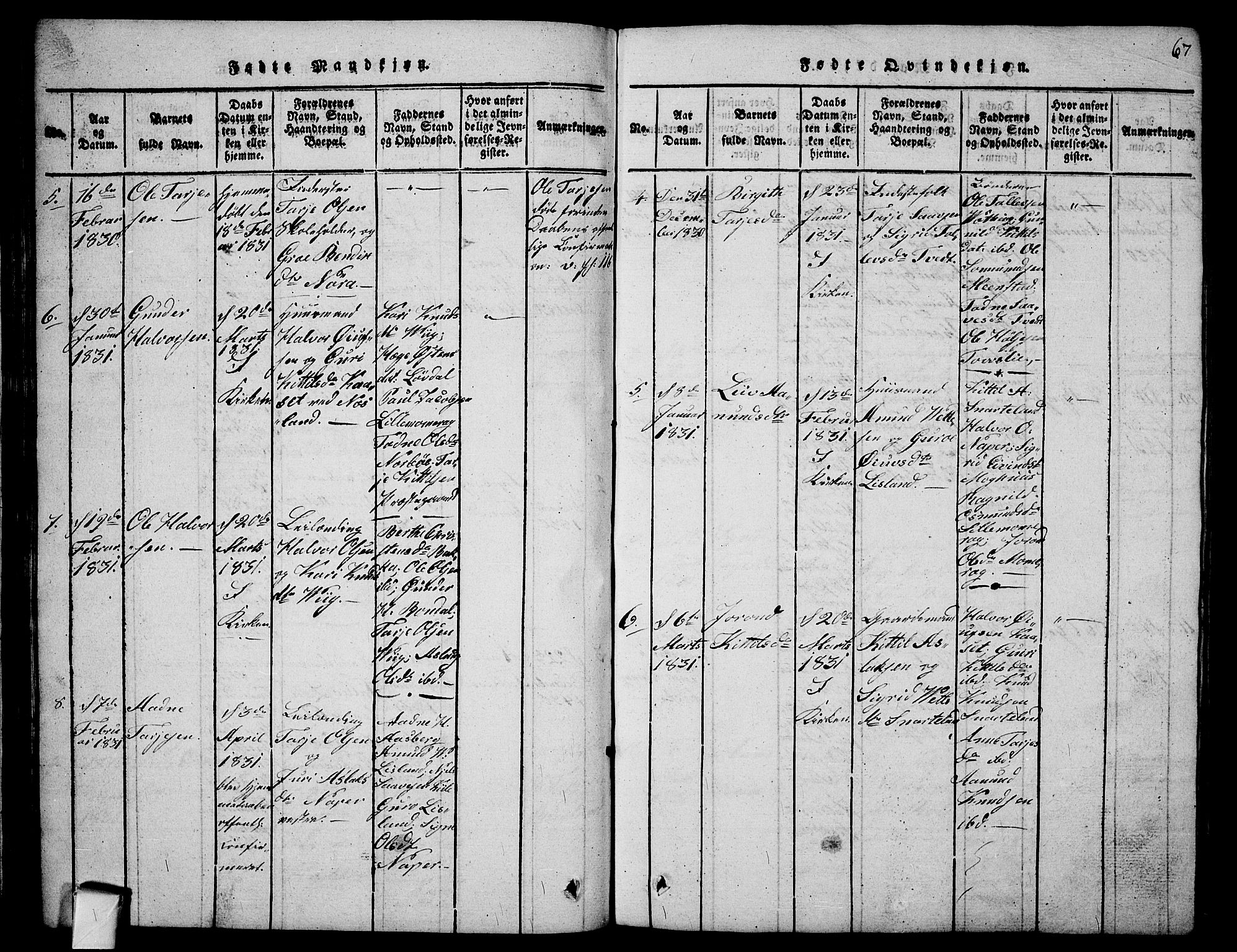 Fyresdal kirkebøker, SAKO/A-263/G/Ga/L0001: Parish register (copy) no. I 1, 1816-1840, p. 67
