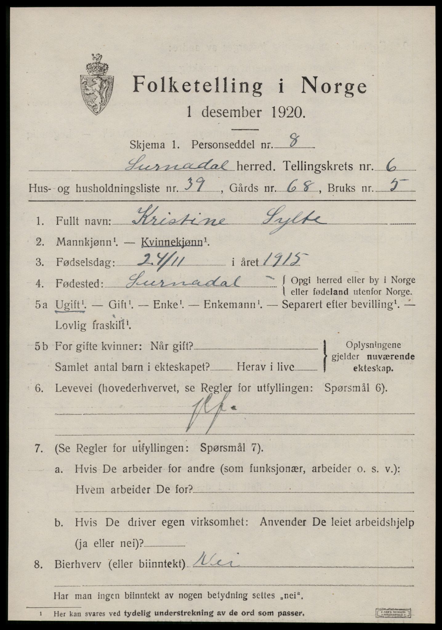 SAT, 1920 census for Surnadal, 1920, p. 4755