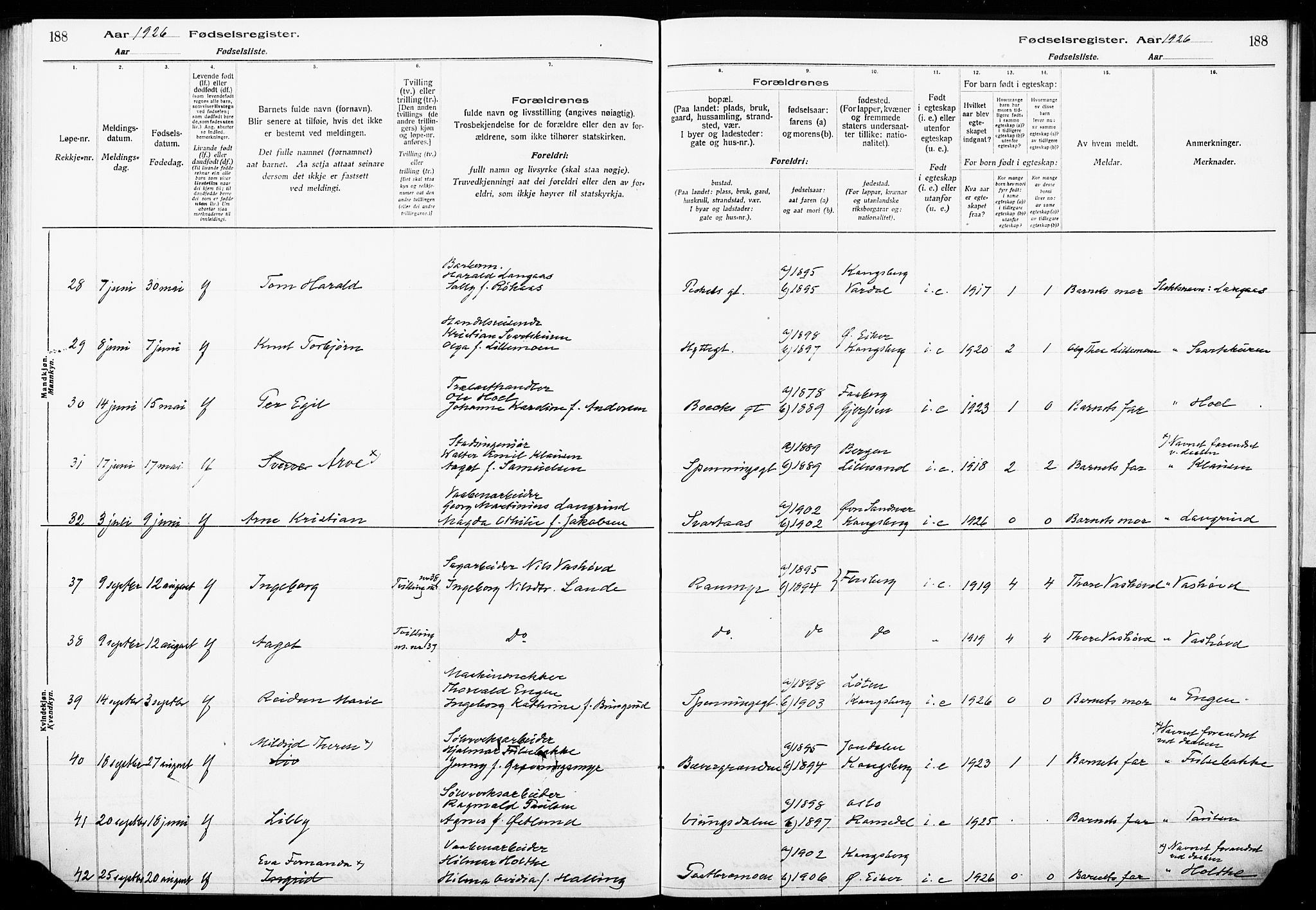 Kongsberg kirkebøker, AV/SAKO-A-22/J/Ja/L0001: Birth register no. I 1, 1916-1927, p. 188