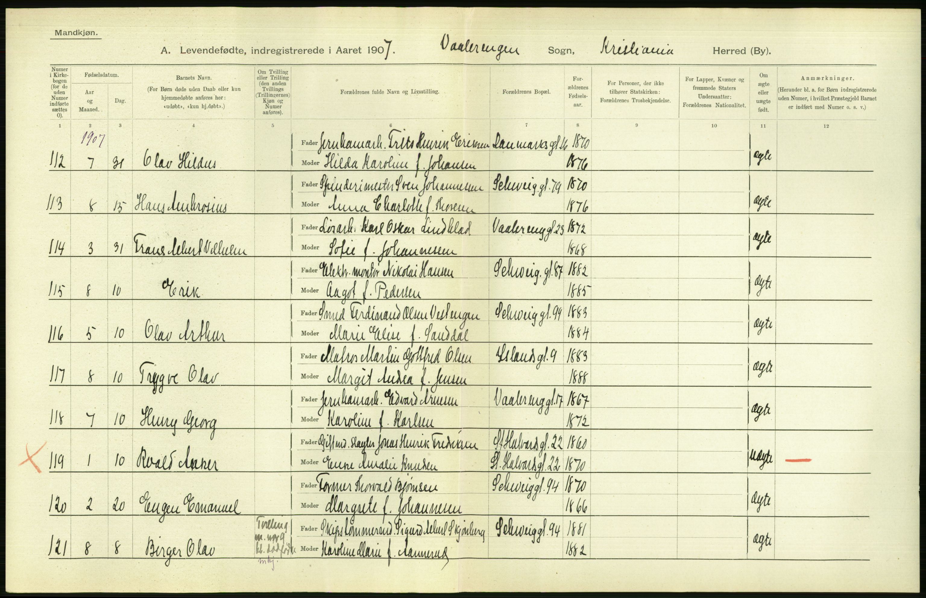 Statistisk sentralbyrå, Sosiodemografiske emner, Befolkning, AV/RA-S-2228/D/Df/Dfa/Dfae/L0007: Kristiania: Levendefødte menn og kvinner., 1907, p. 590