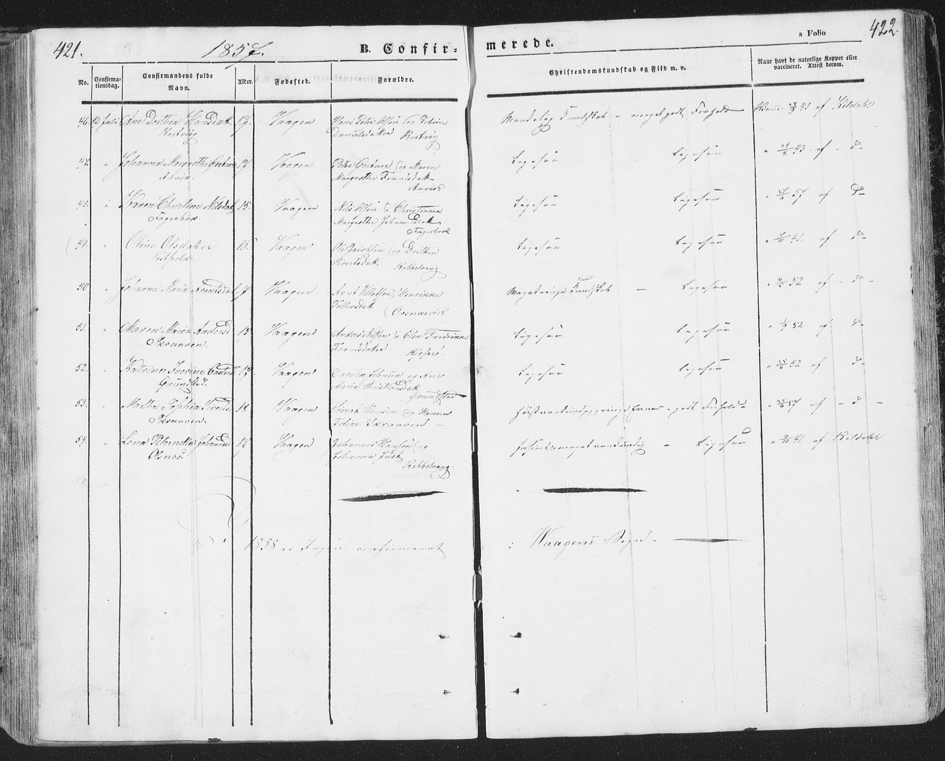 Ministerialprotokoller, klokkerbøker og fødselsregistre - Nordland, AV/SAT-A-1459/874/L1072: Parish register (copy) no. 874C01, 1843-1859, p. 421-422