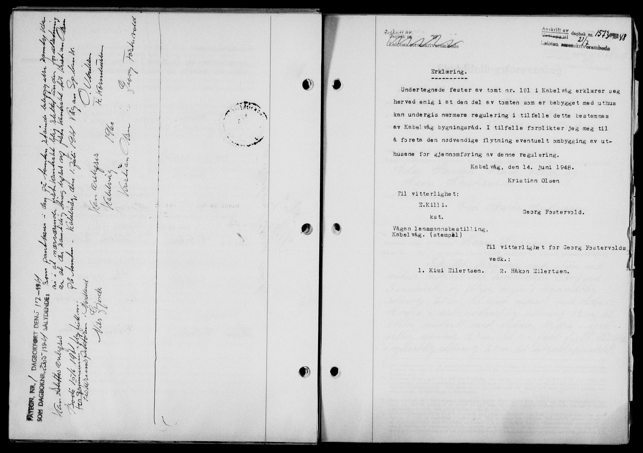 Lofoten sorenskriveri, SAT/A-0017/1/2/2C/L0018a: Mortgage book no. 18a, 1948-1948, Diary no: : 1573/1948