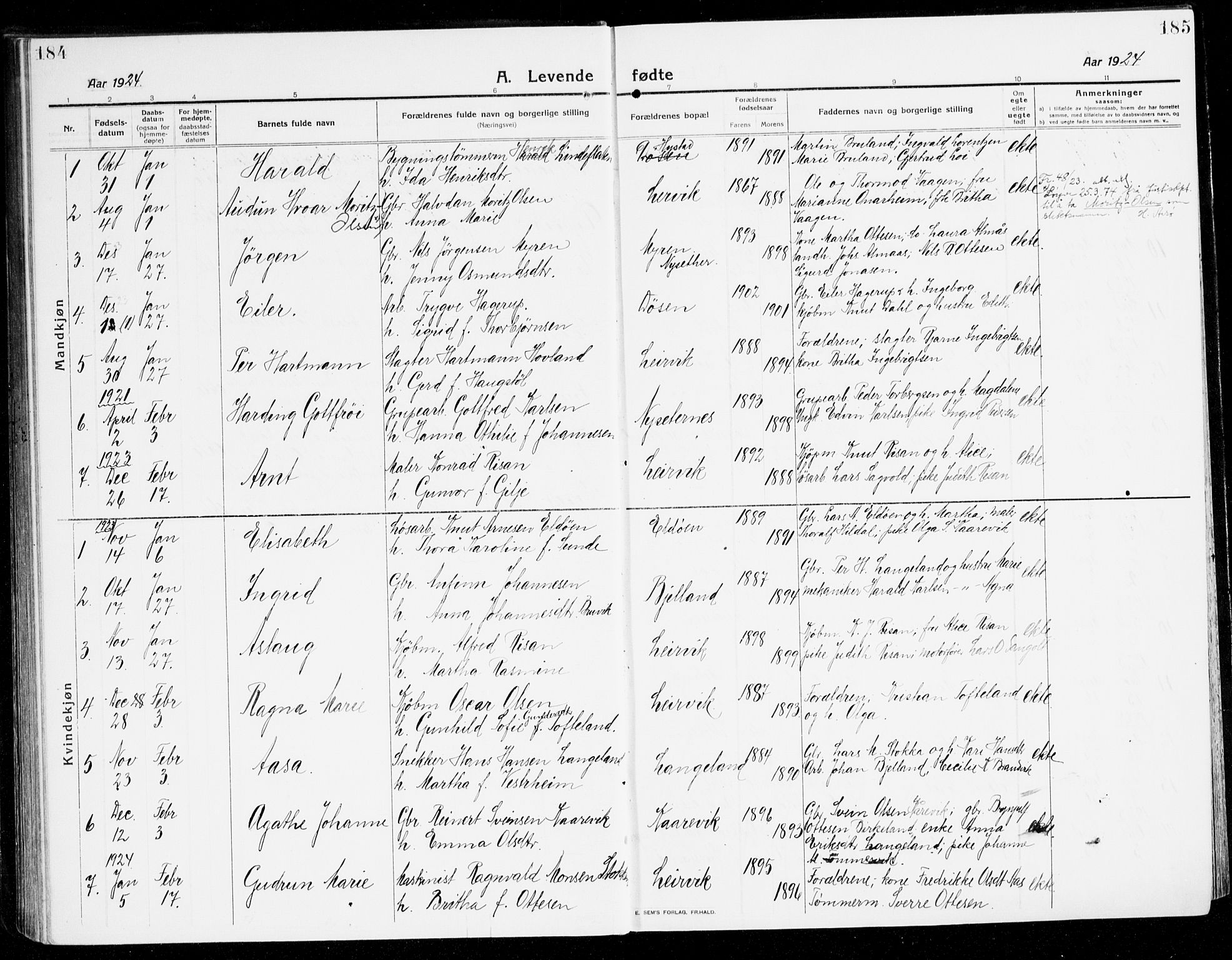 Stord sokneprestembete, AV/SAB-A-78201/H/Haa: Parish register (official) no. B 3, 1913-1925, p. 184-185