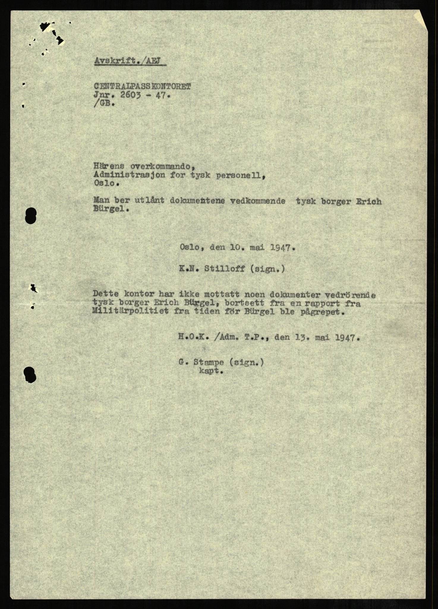 Forsvaret, Forsvarets overkommando II, RA/RAFA-3915/D/Db/L0001: CI Questionaires. Tyske okkupasjonsstyrker i Norge. Tyskere., 1945-1946, p. 232