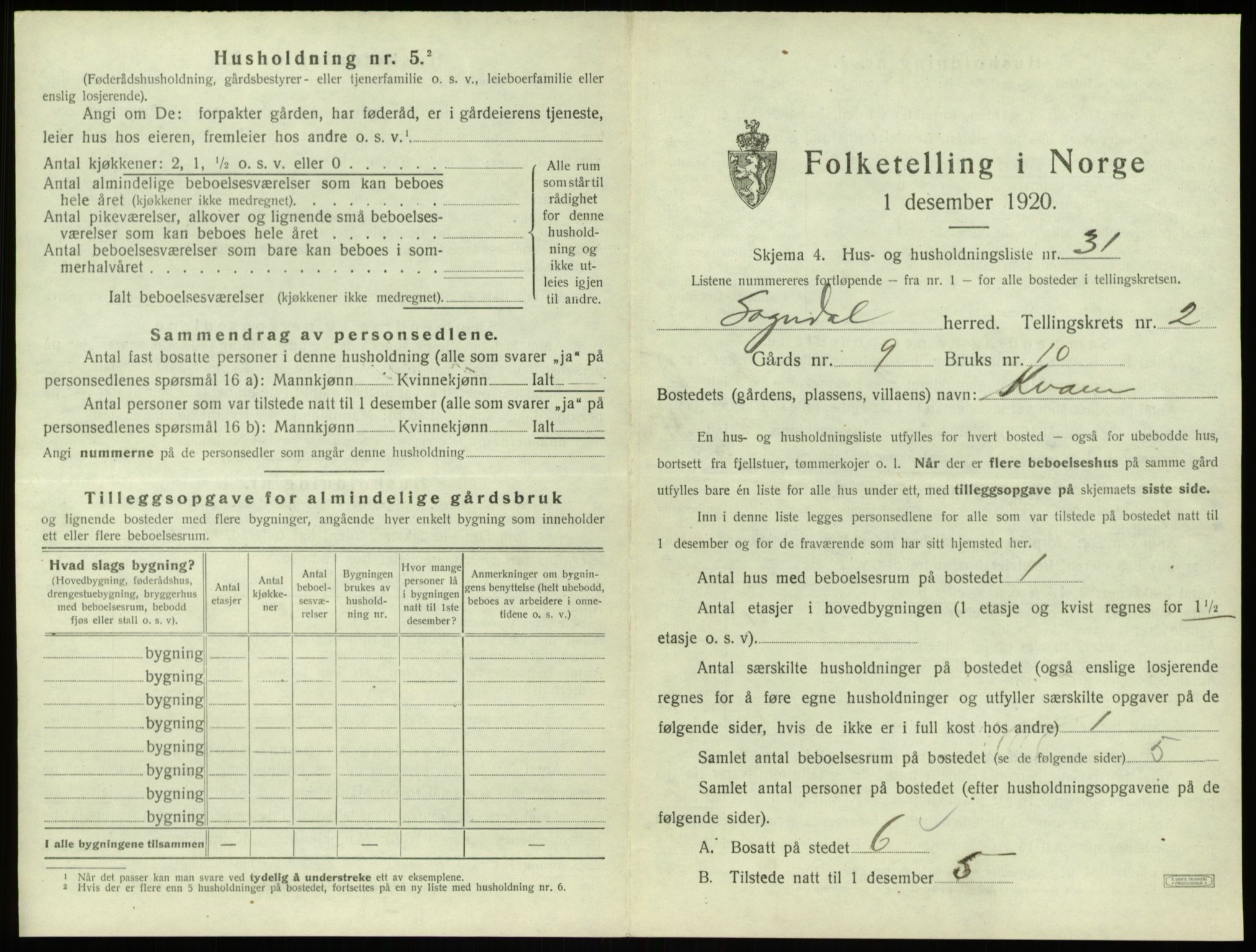 SAB, 1920 census for Sogndal, 1920, p. 196