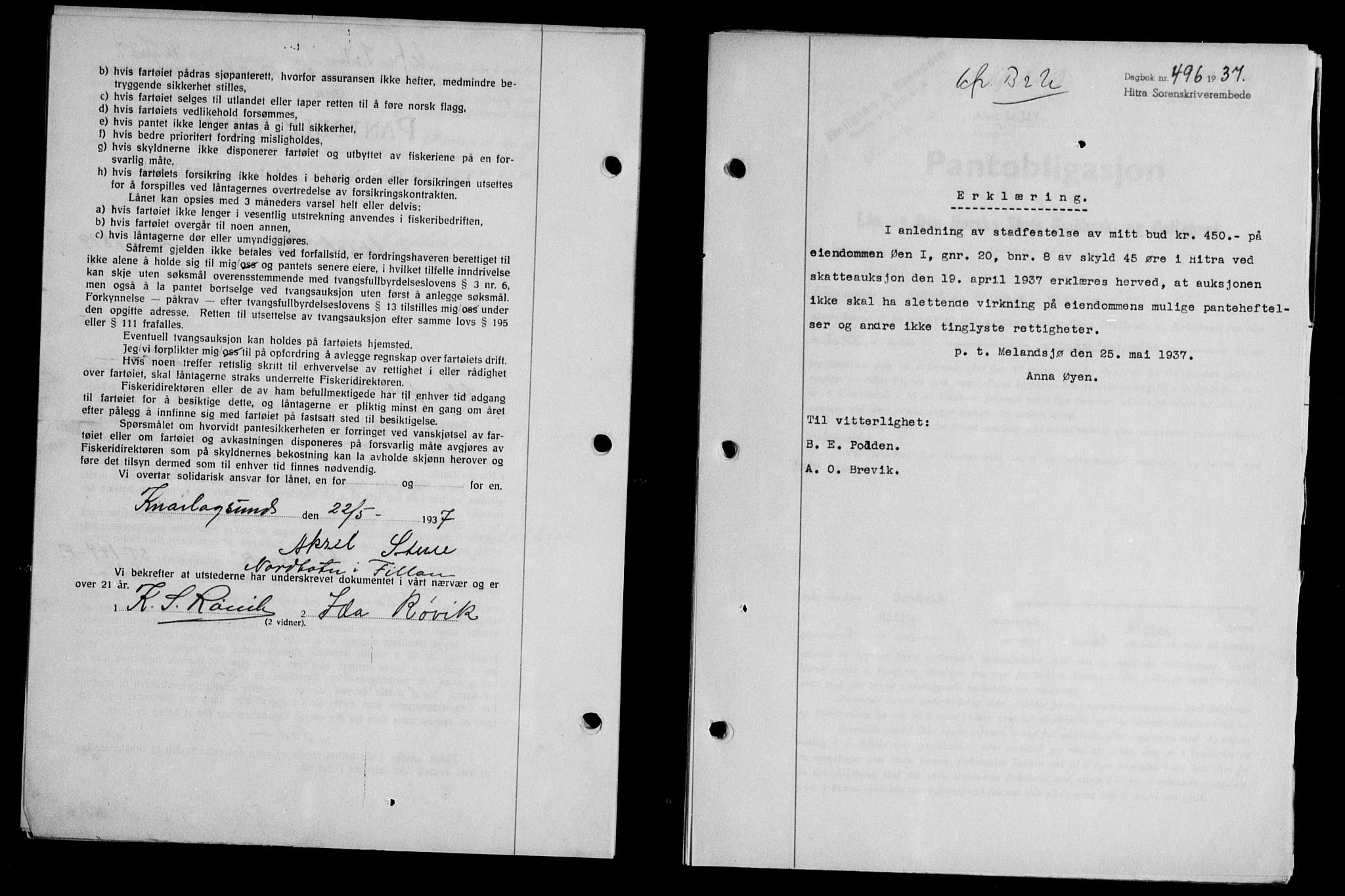 Hitra sorenskriveri, AV/SAT-A-0018/2/2C/2Ca/L0028: Mortgage book no. B-1, 1936-1939, Diary no: : 496/1937