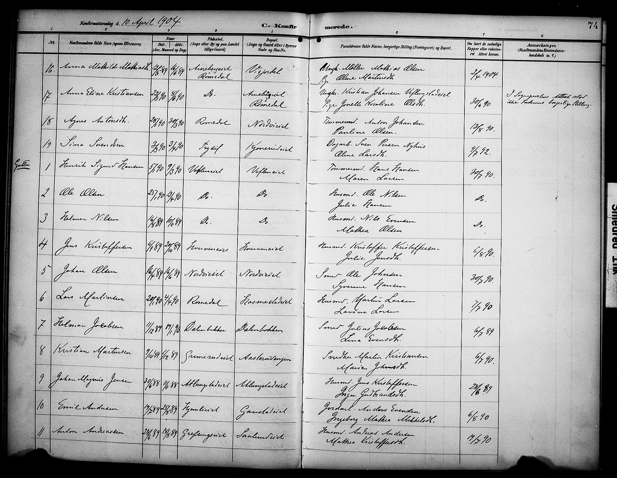 Stange prestekontor, AV/SAH-PREST-002/K/L0022: Parish register (official) no. 22, 1903-1914, p. 74