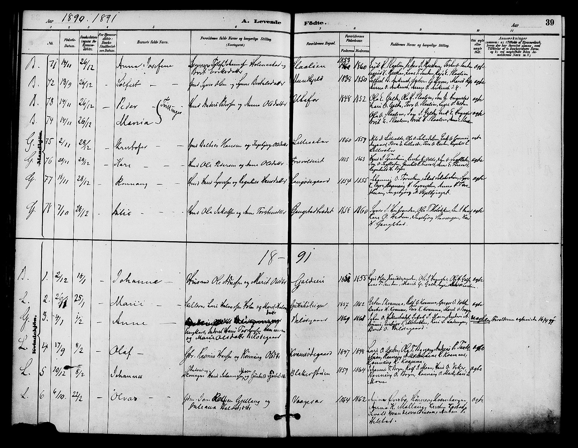 Lom prestekontor, SAH/PREST-070/K/L0008: Parish register (official) no. 8, 1885-1898, p. 39