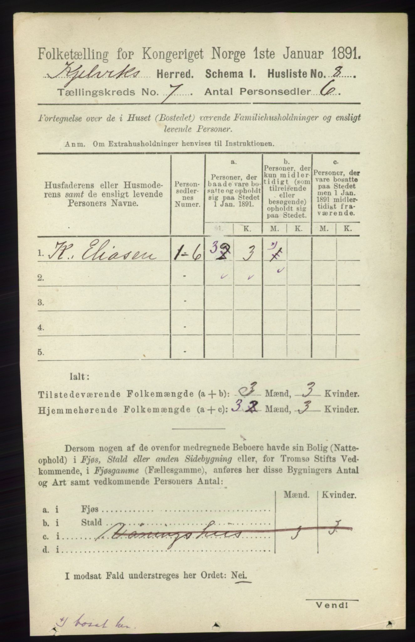 RA, 1891 census for 2019 Kjelvik, 1891, p. 853