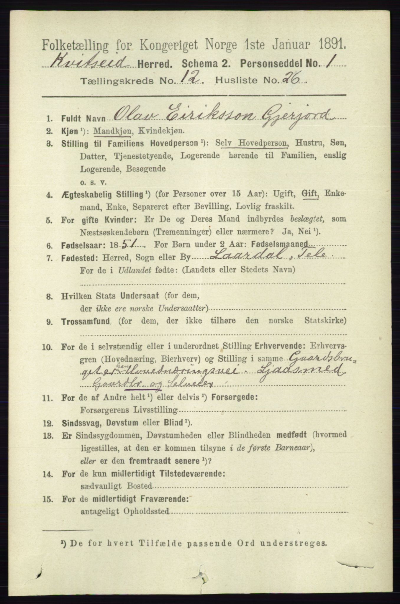 RA, 1891 census for 0829 Kviteseid, 1891, p. 3032