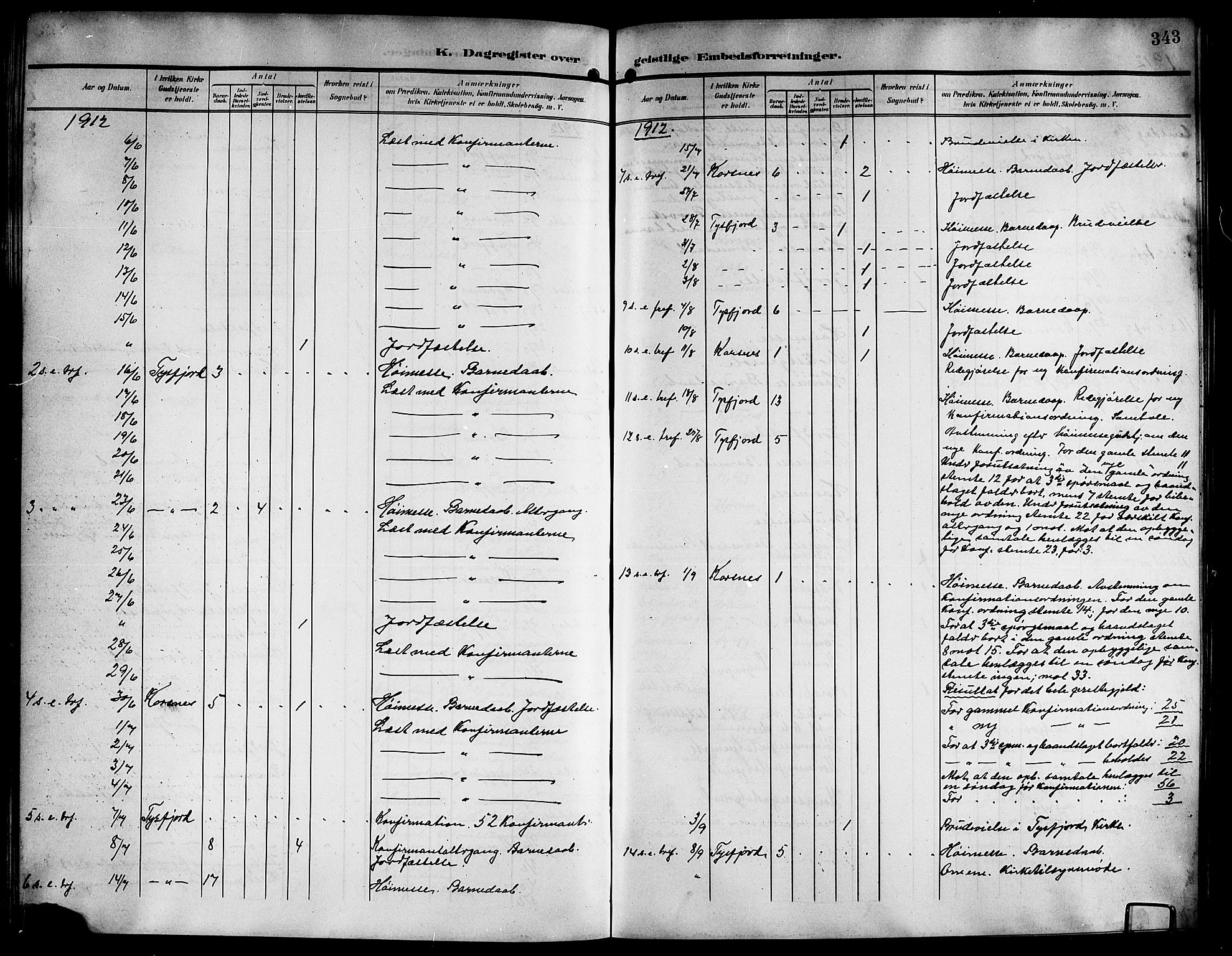 Ministerialprotokoller, klokkerbøker og fødselsregistre - Nordland, AV/SAT-A-1459/861/L0877: Parish register (copy) no. 861C03, 1903-1919, p. 343