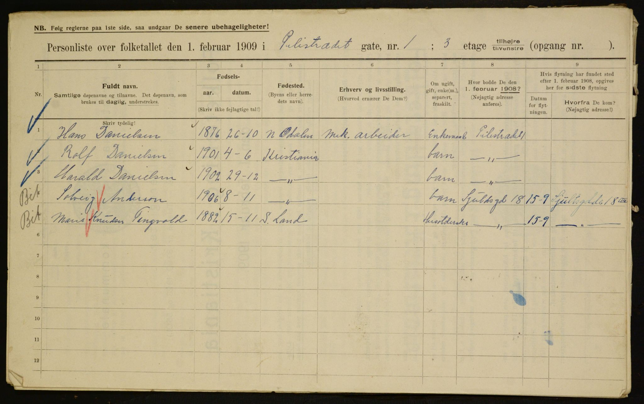 OBA, Municipal Census 1909 for Kristiania, 1909, p. 71382