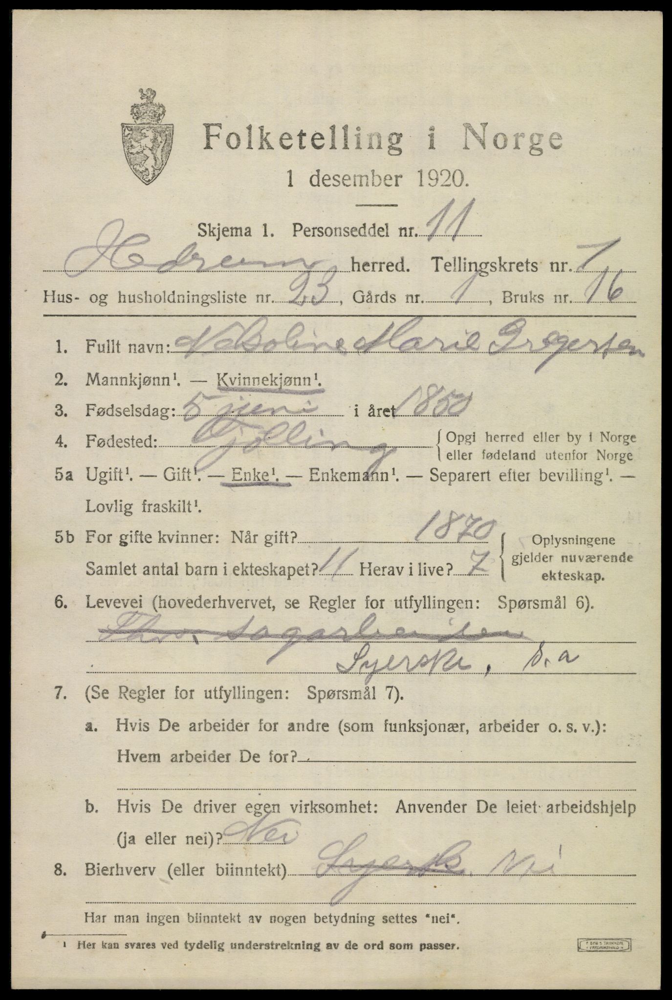 SAKO, 1920 census for Hedrum, 1920, p. 2315