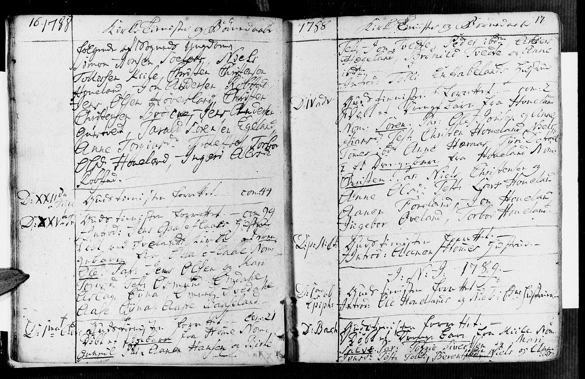 Vennesla sokneprestkontor, AV/SAK-1111-0045/Fa/Faa/L0002: Parish register (official) no. A 2, 1785-1834, p. 16-17