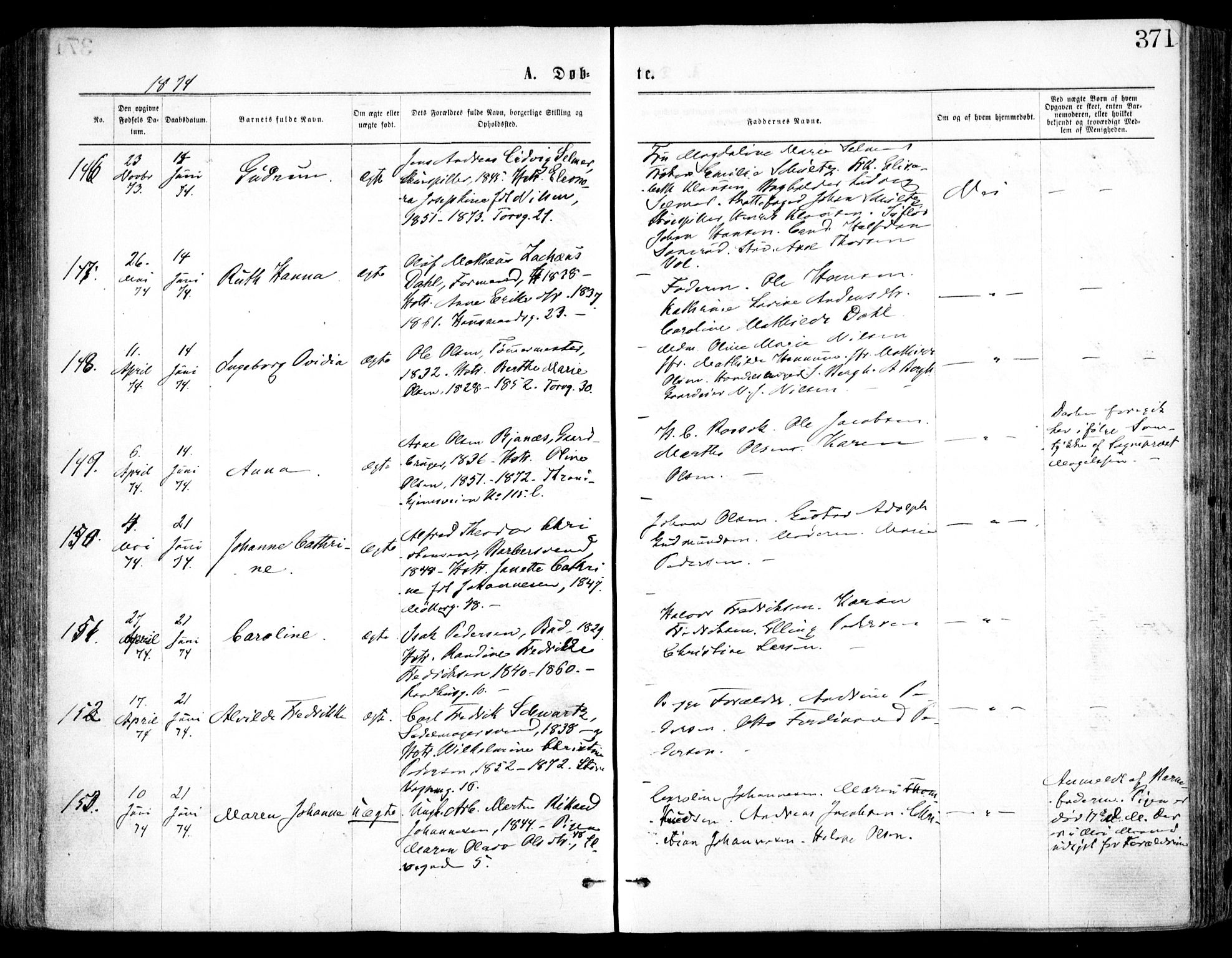 Oslo domkirke Kirkebøker, SAO/A-10752/F/Fa/L0017: Parish register (official) no. 17, 1869-1878, p. 371