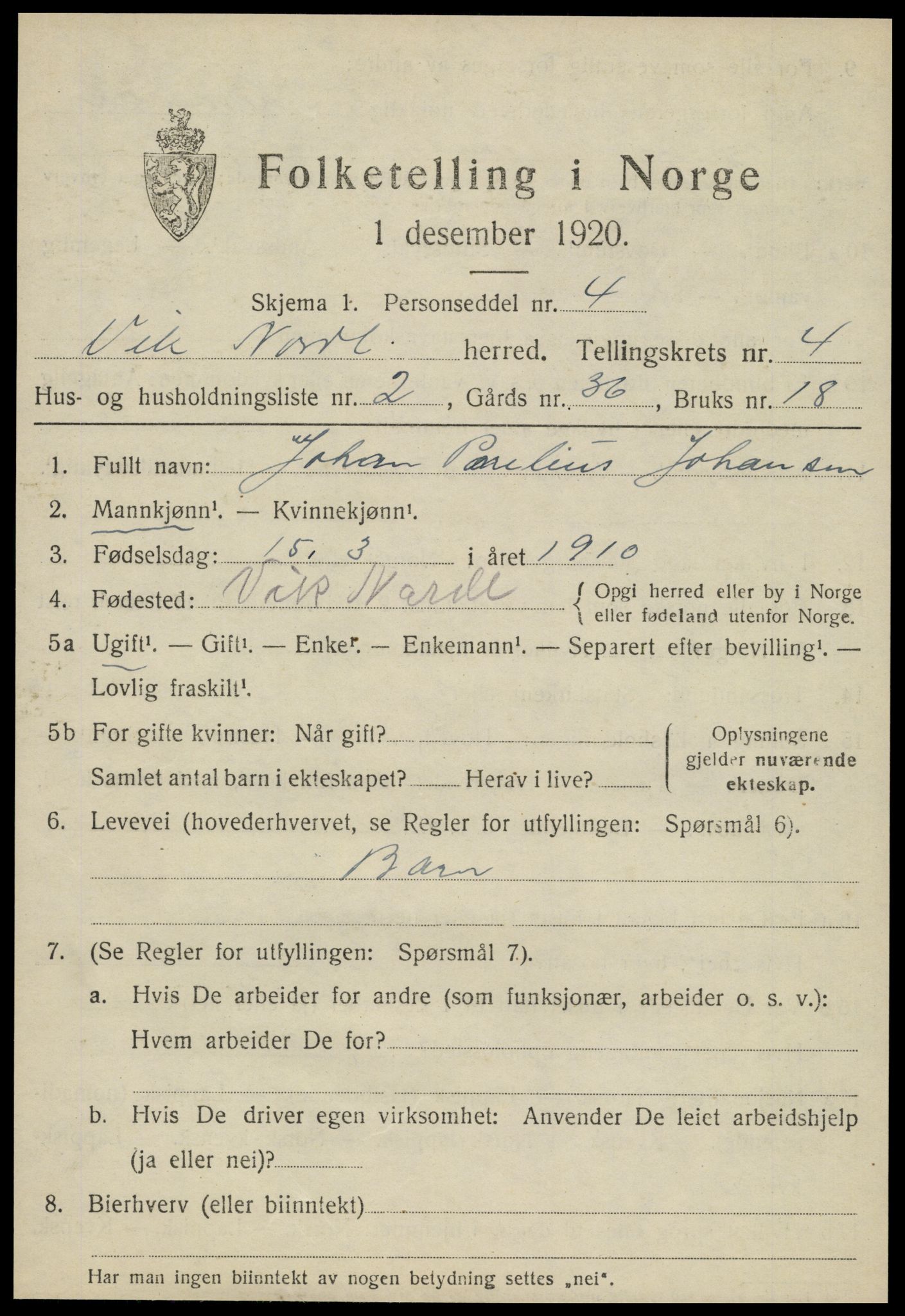 SAT, 1920 census for Vik, 1920, p. 2375