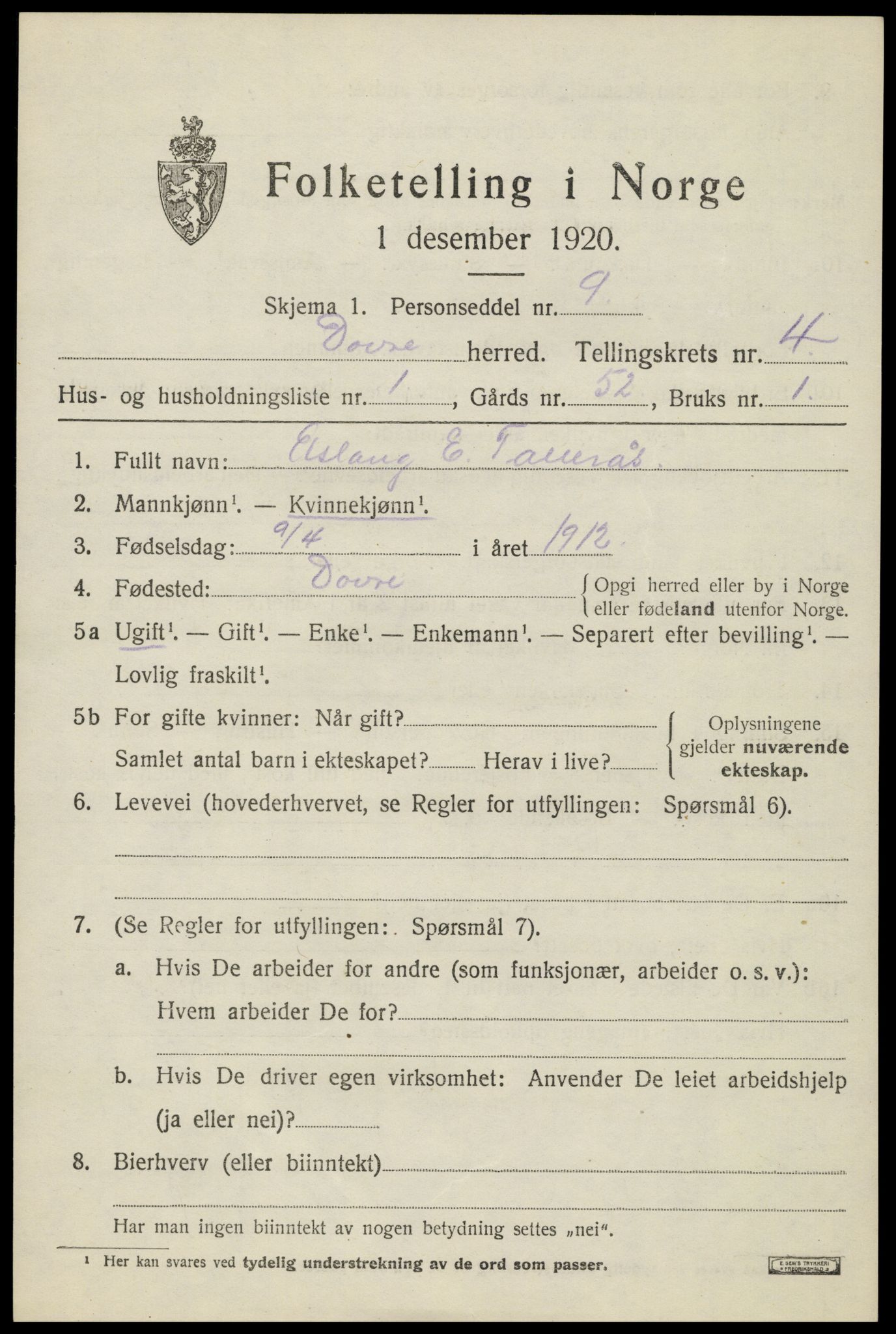 SAH, 1920 census for Dovre, 1920, p. 4558