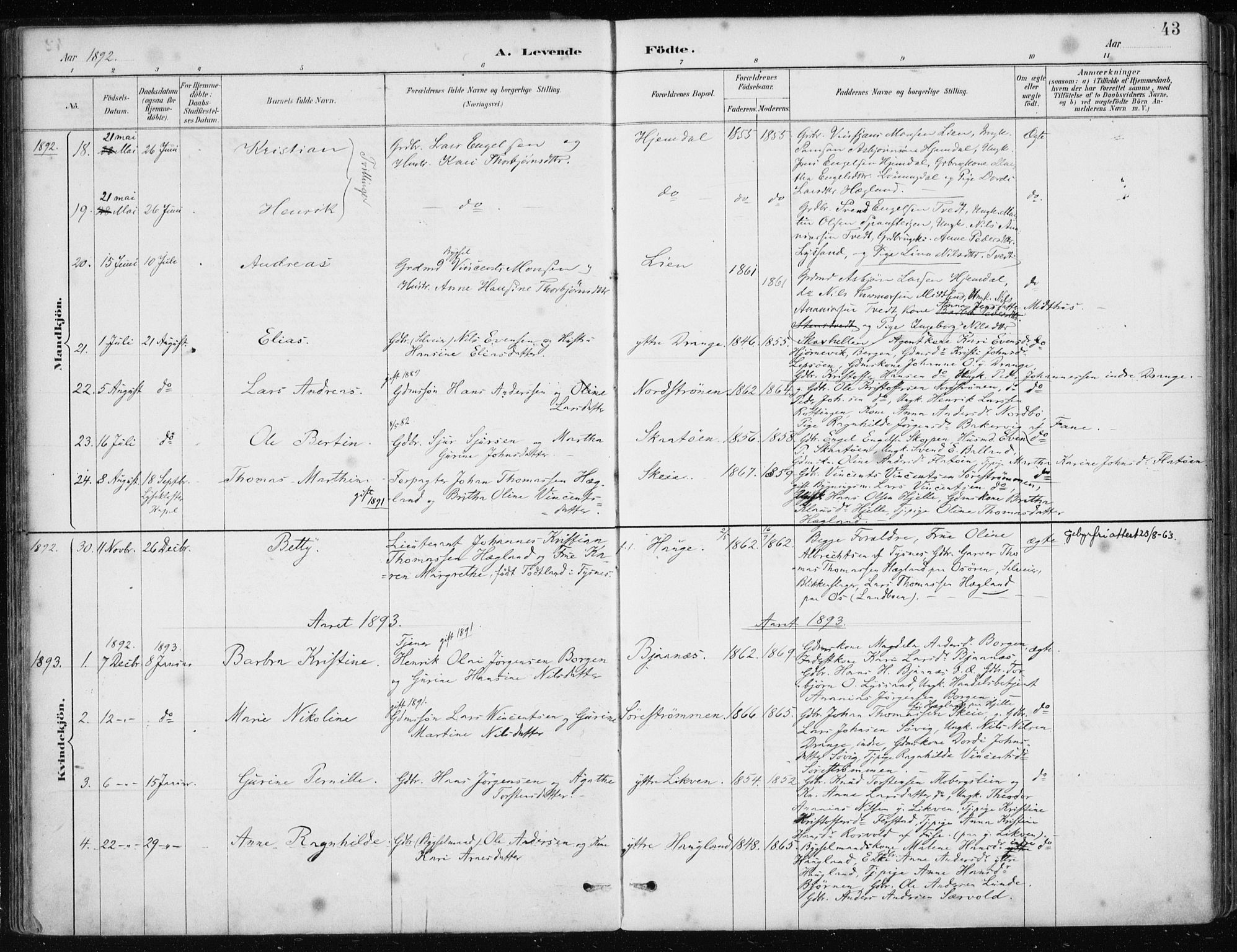 Os sokneprestembete, AV/SAB-A-99929: Parish register (official) no. B 1, 1885-1902, p. 43