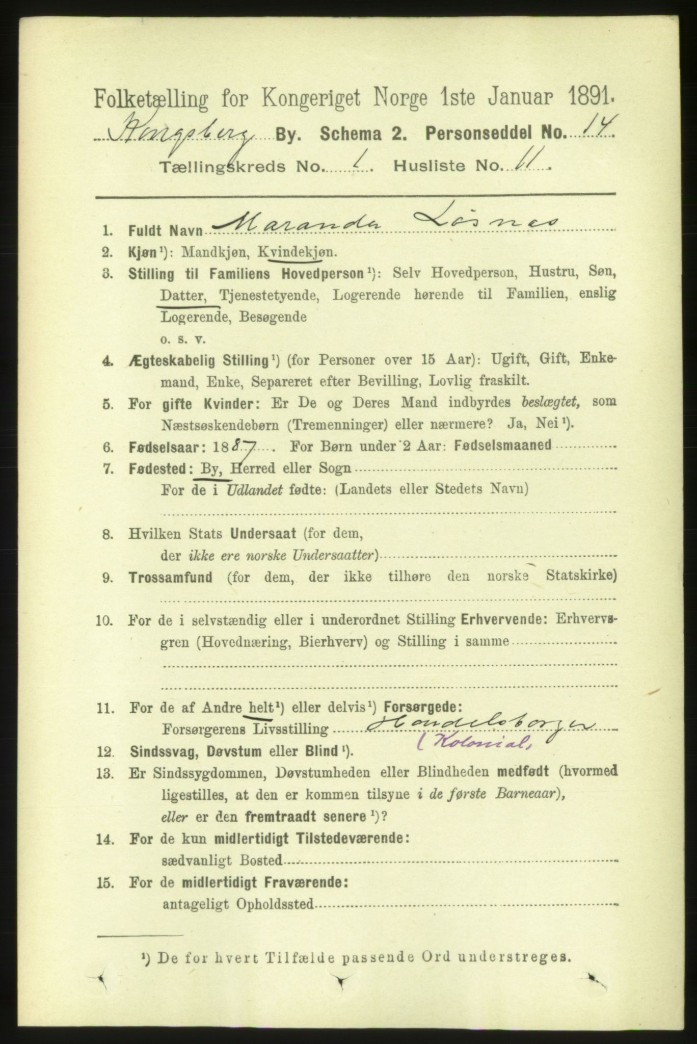 RA, 1891 census for 0604 Kongsberg, 1891, p. 1685