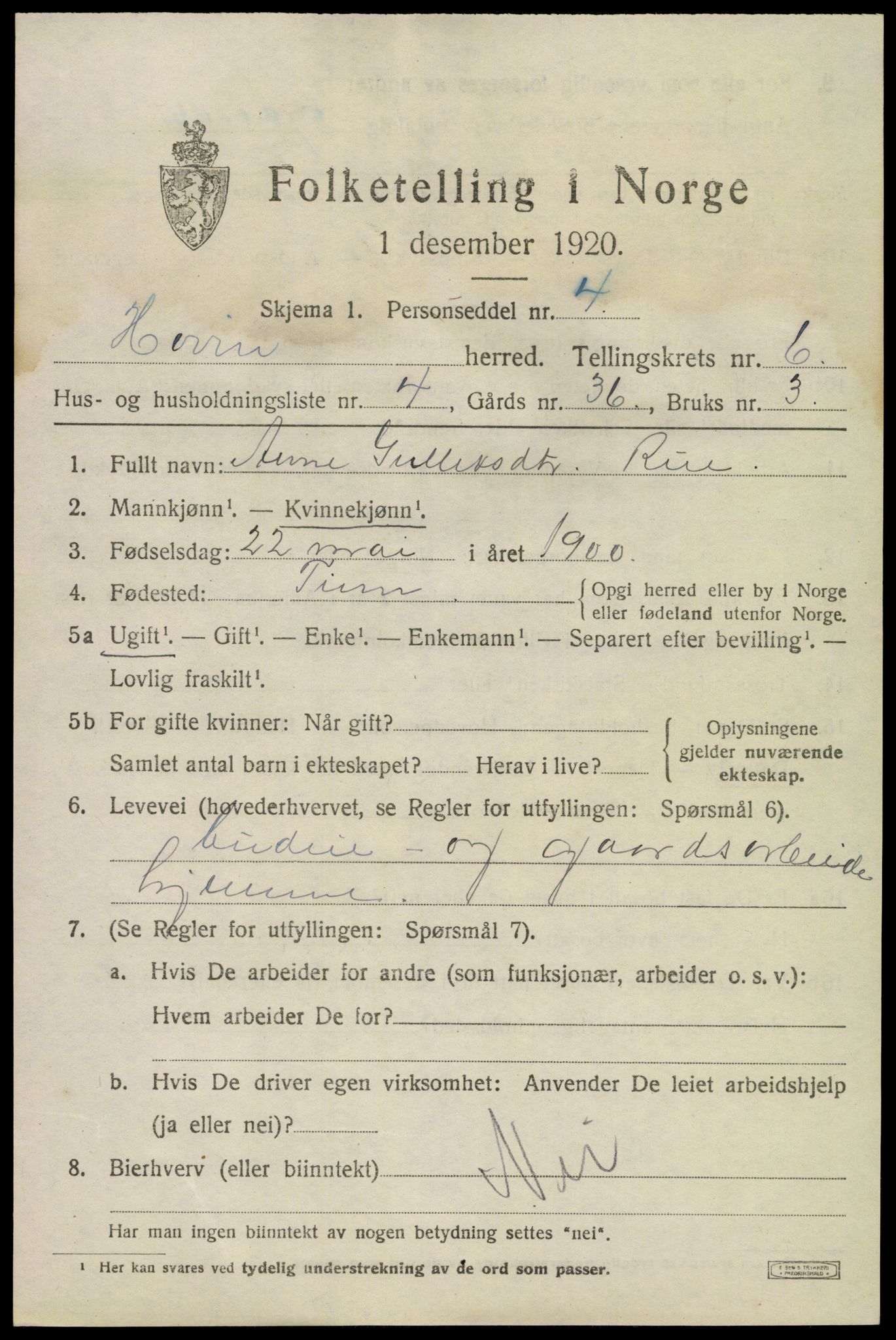 SAKO, 1920 census for Hovin, 1920, p. 1479