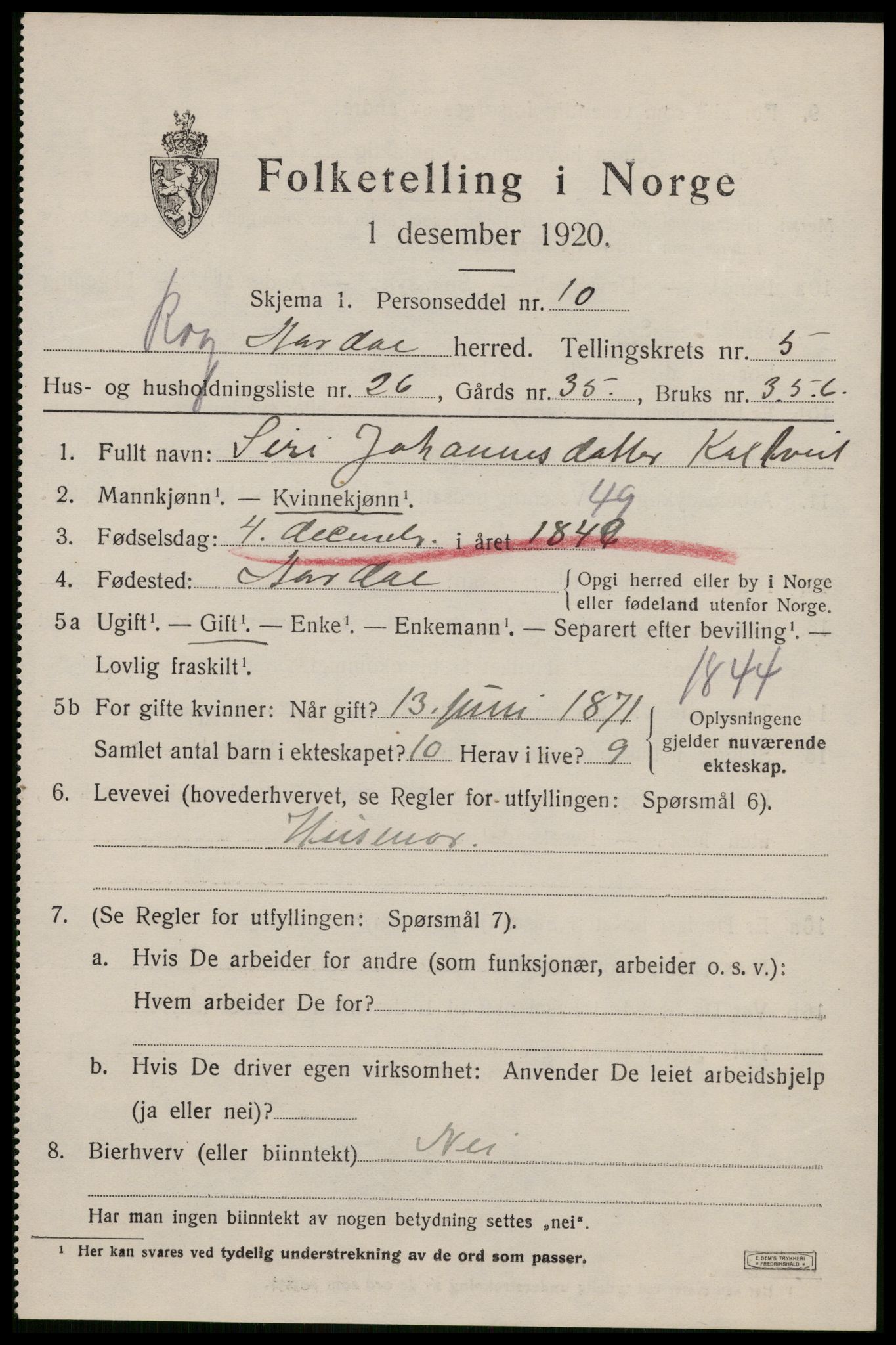 SAST, 1920 census for Årdal, 1920, p. 1754