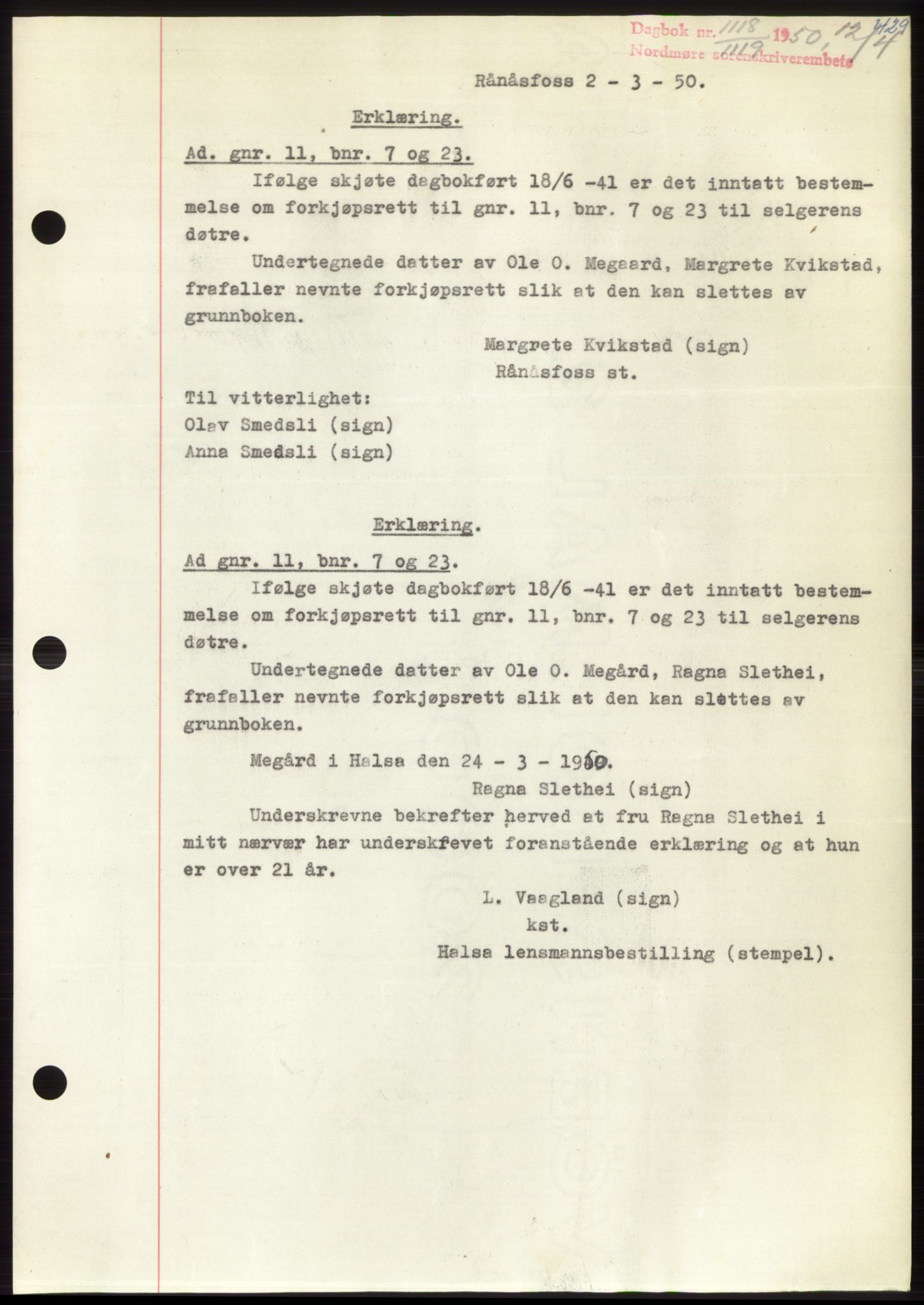 Nordmøre sorenskriveri, AV/SAT-A-4132/1/2/2Ca: Mortgage book no. B104, 1950-1950, Diary no: : 1118/1950