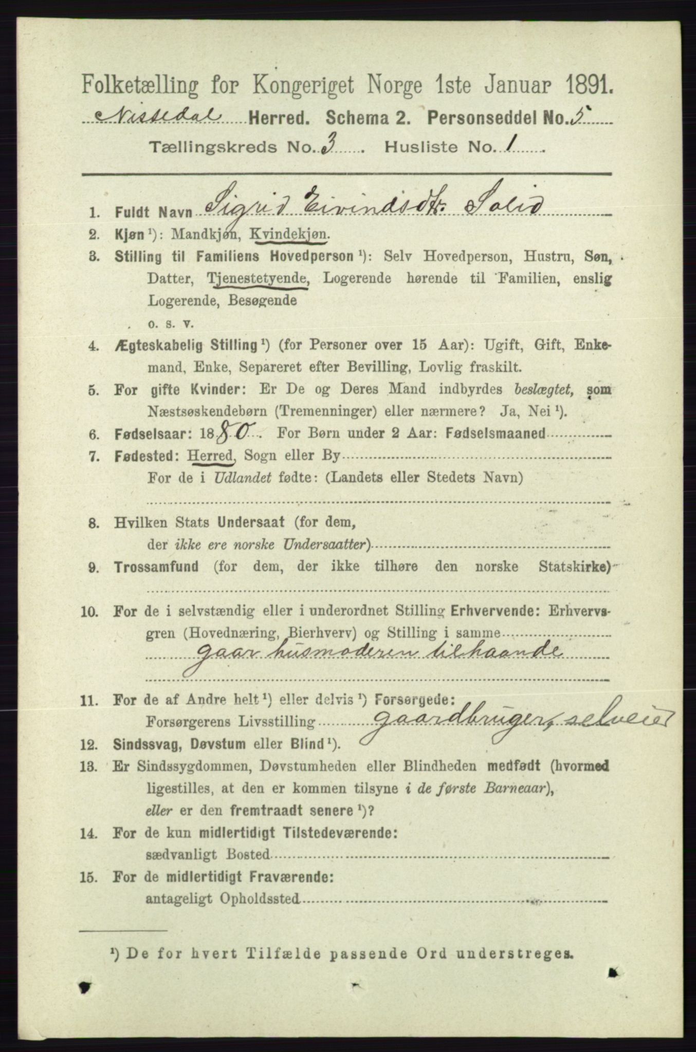 RA, 1891 census for 0830 Nissedal, 1891, p. 637