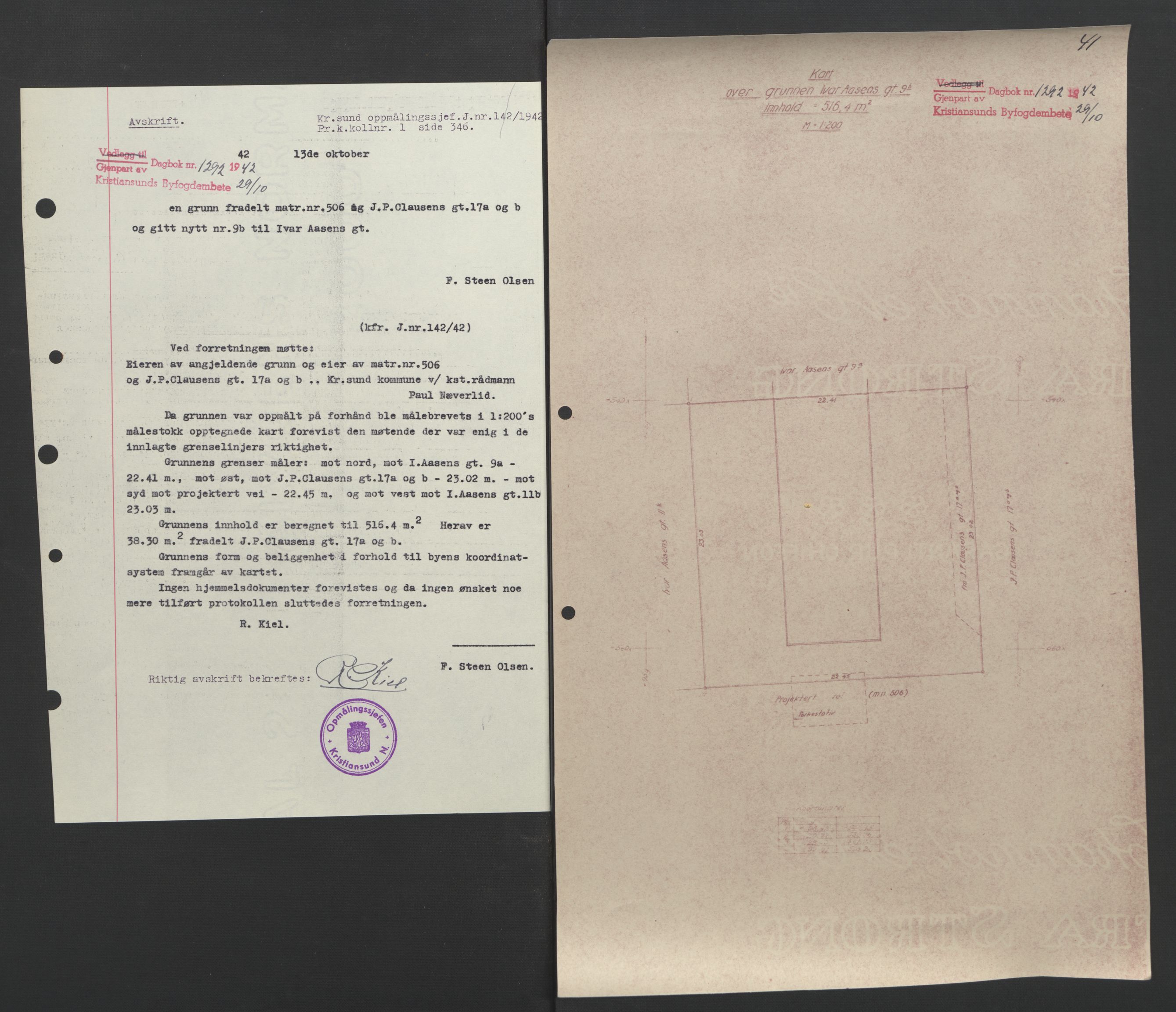 Kristiansund byfogd, AV/SAT-A-4587/A/27: Mortgage book no. 37, 1942-1945, Diary no: : 1292/1942