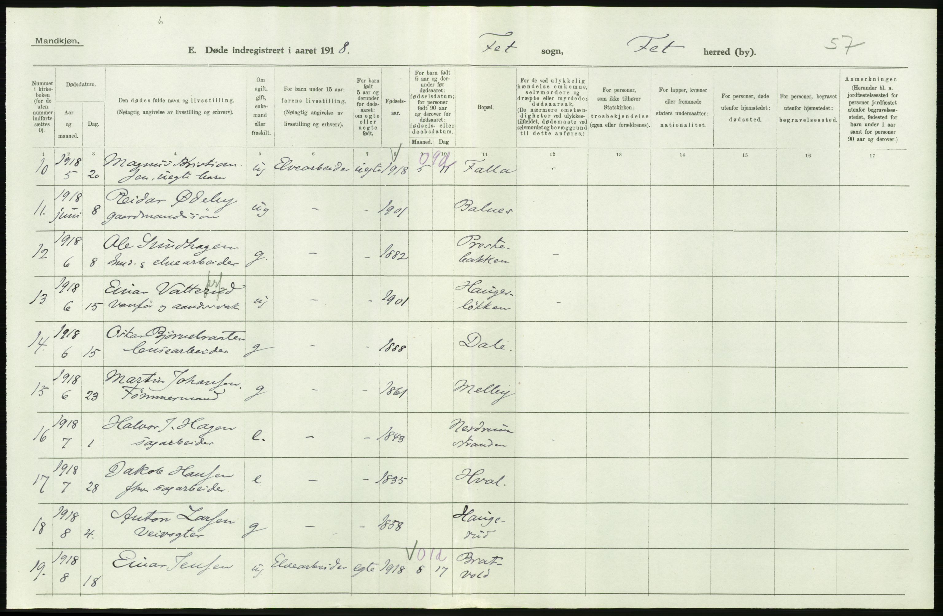 Statistisk sentralbyrå, Sosiodemografiske emner, Befolkning, AV/RA-S-2228/D/Df/Dfb/Dfbh/L0006: Akershus fylke: Døde. Bygder og byer., 1918, p. 220