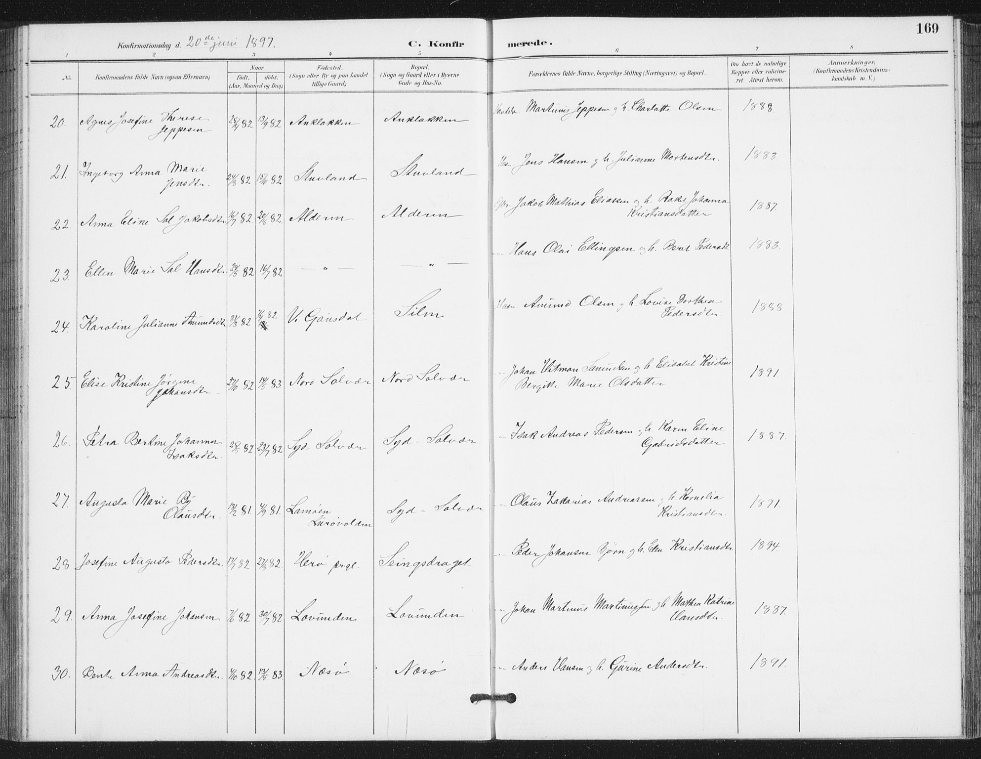 Ministerialprotokoller, klokkerbøker og fødselsregistre - Nordland, AV/SAT-A-1459/839/L0573: Parish register (copy) no. 839C03, 1892-1917, p. 169