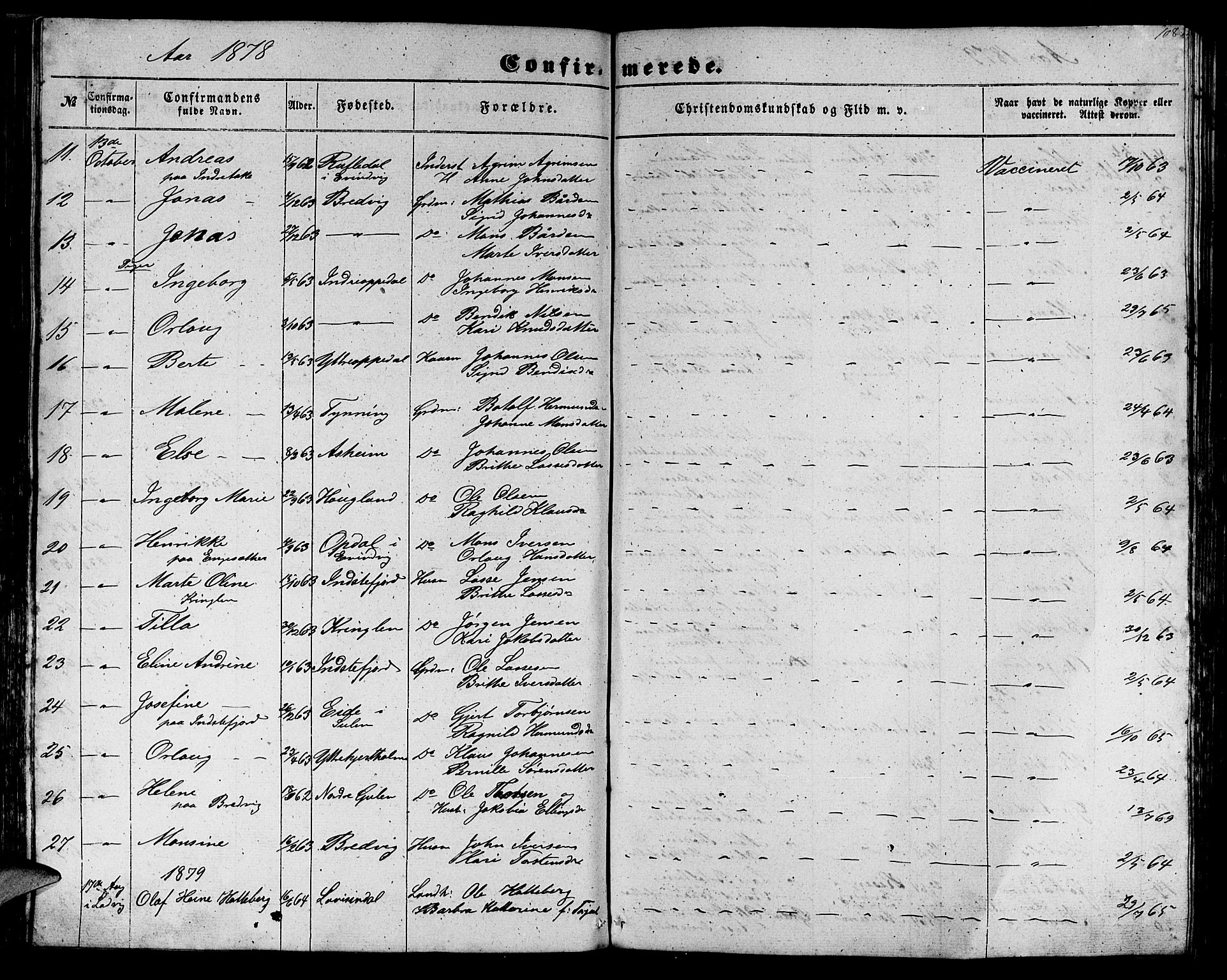 Gulen sokneprestembete, SAB/A-80201/H/Hab/Habc/L0001: Parish register (copy) no. C 1, 1853-1880, p. 108