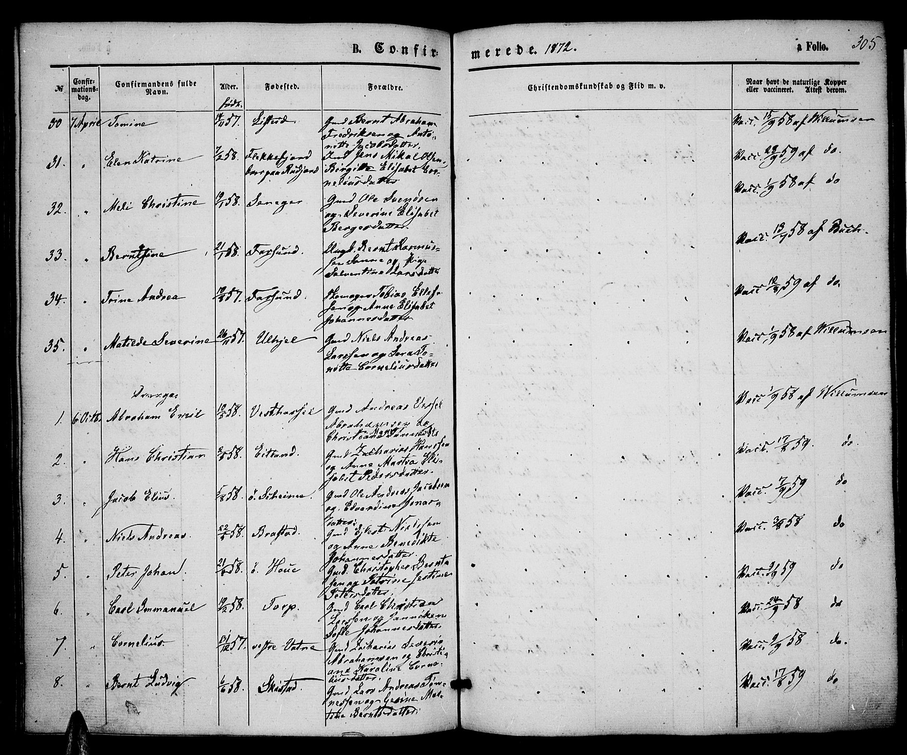 Lista sokneprestkontor, AV/SAK-1111-0027/F/Fb/L0003: Parish register (copy) no. B 3, 1862-1877, p. 305