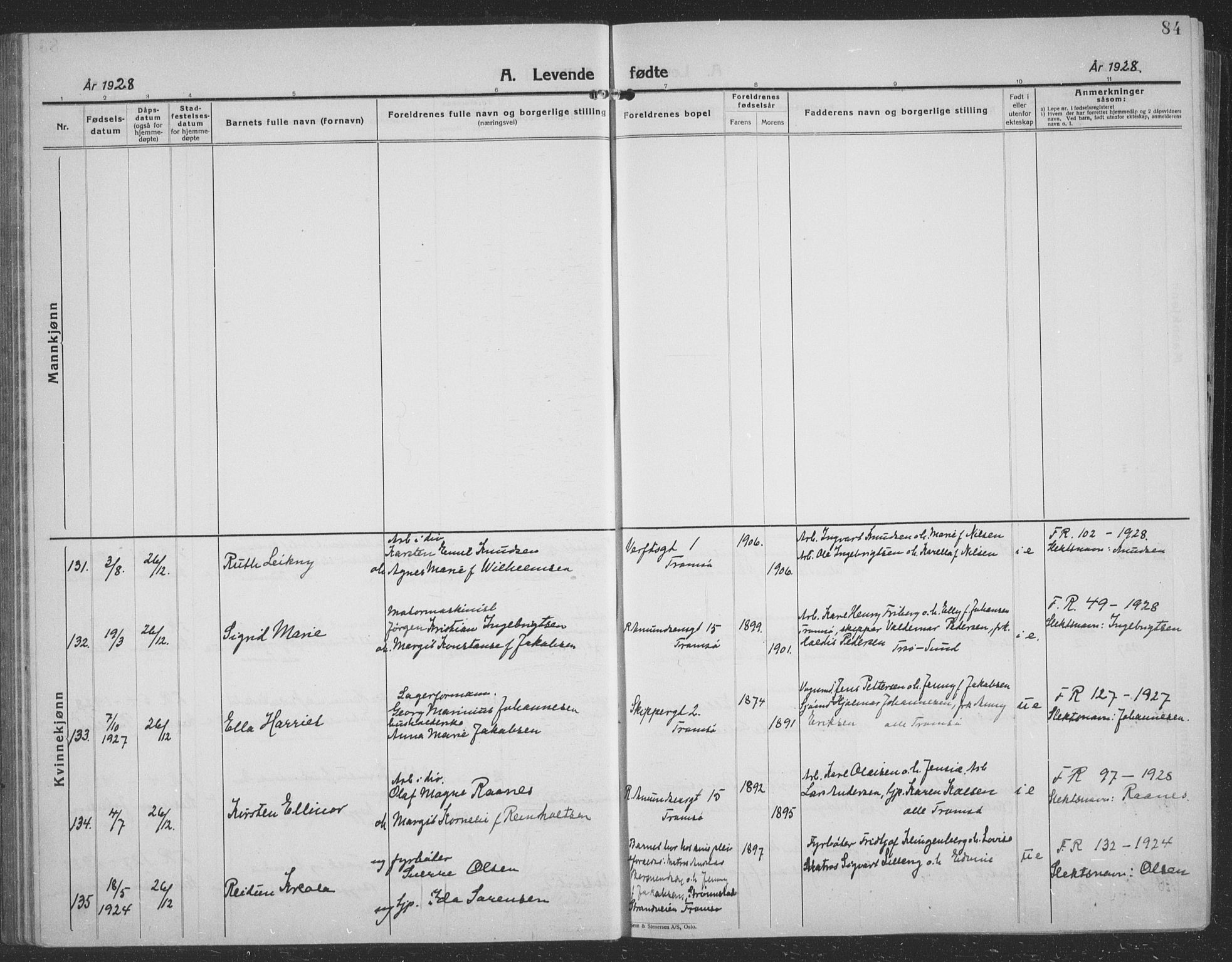 Tromsø sokneprestkontor/stiftsprosti/domprosti, SATØ/S-1343/G/Gb/L0010klokker: Parish register (copy) no. 10, 1925-1937, p. 84