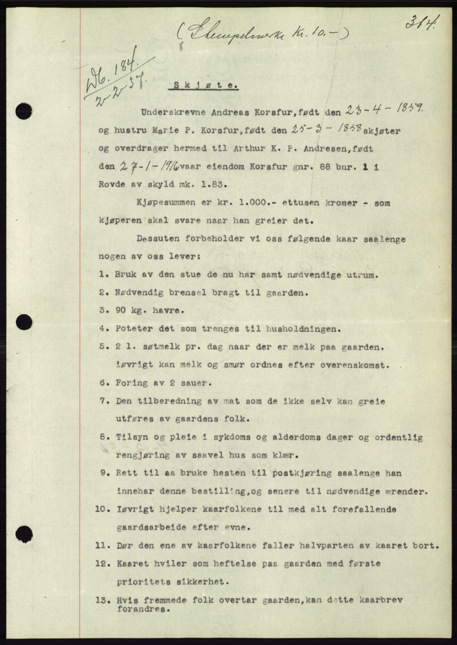 Søre Sunnmøre sorenskriveri, AV/SAT-A-4122/1/2/2C/L0062: Mortgage book no. 56, 1936-1937, Diary no: : 184/1937