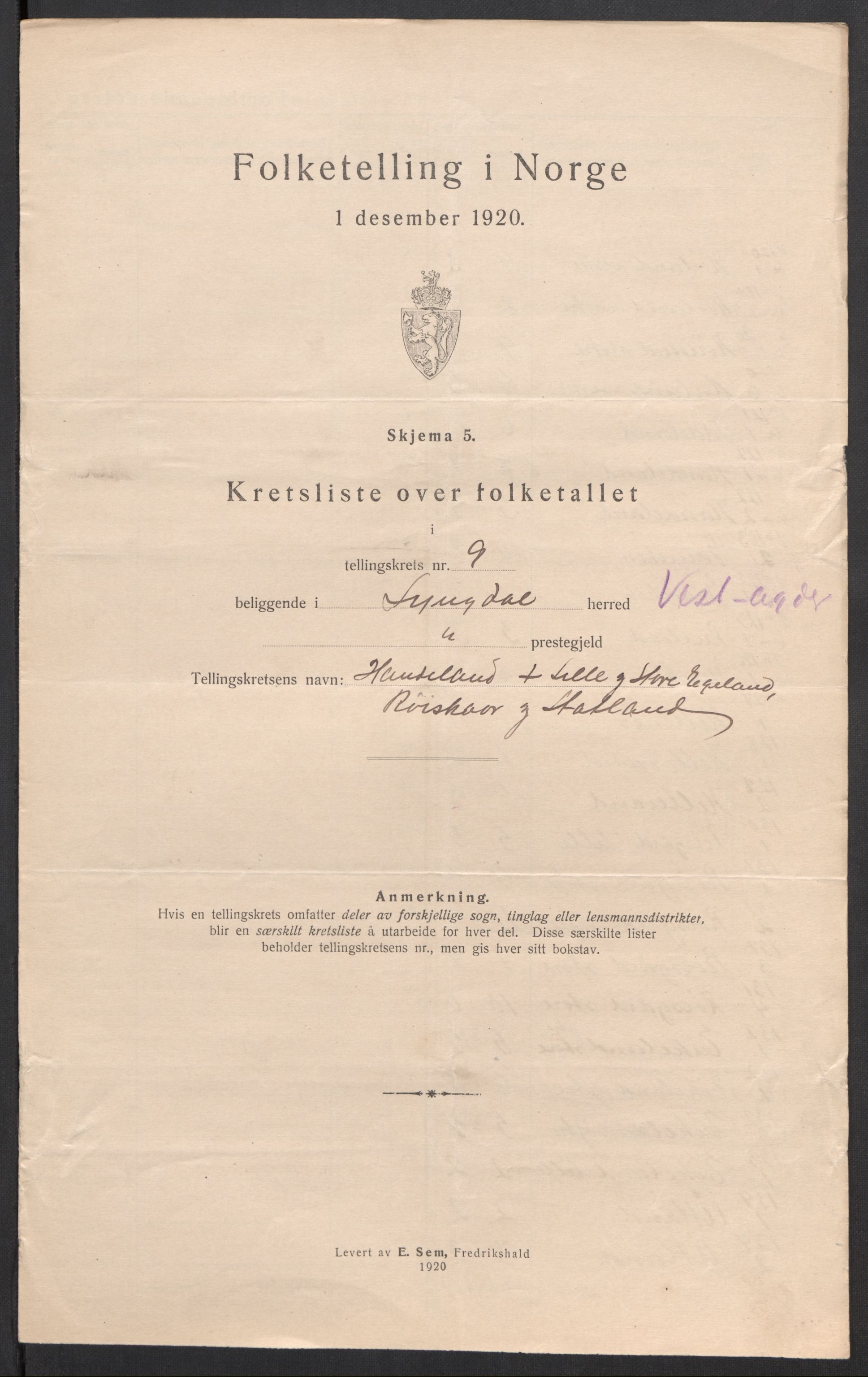 SAK, 1920 census for Lyngdal, 1920, p. 30