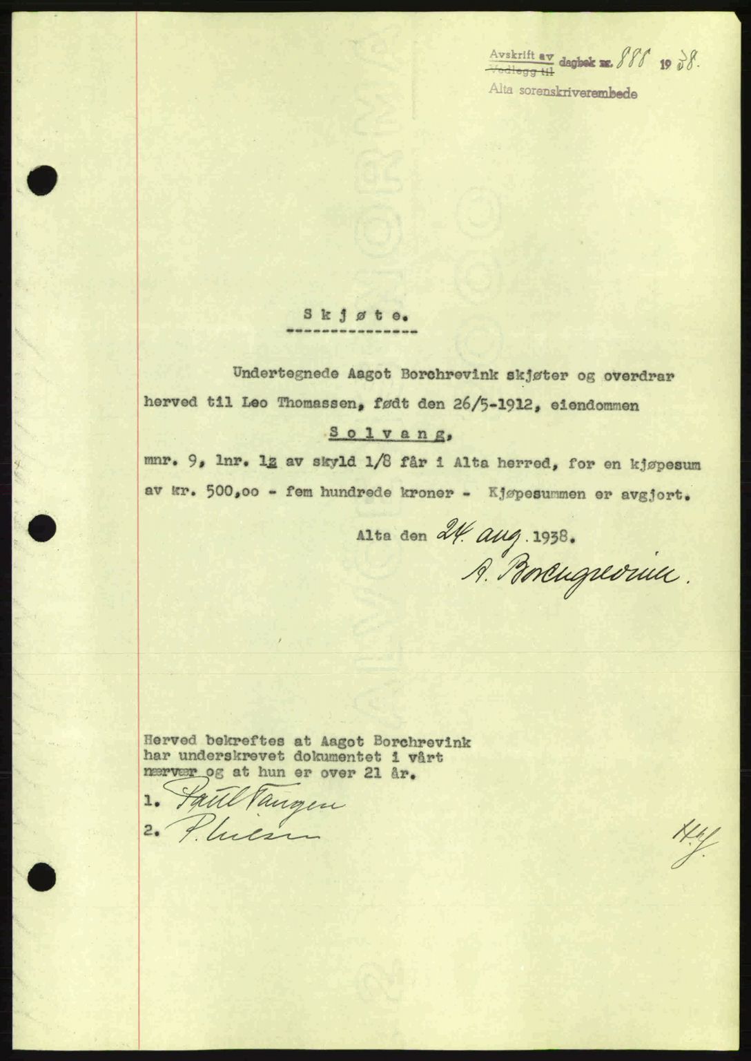 Alta fogderi/sorenskriveri, SATØ/SATØ-5/1/K/Kd/L0031pantebok: Mortgage book no. 31, 1938-1939, Diary no: : 888/1938