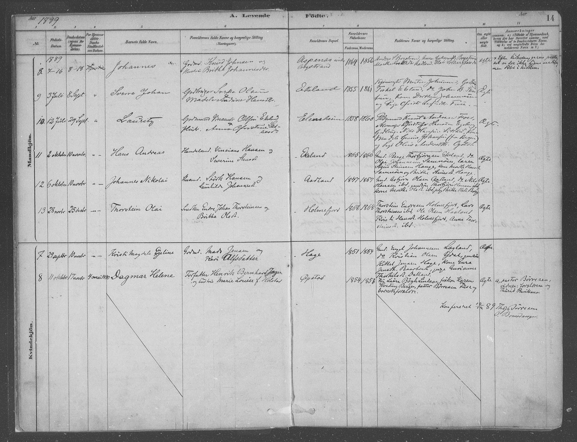 Fusa sokneprestembete, AV/SAB-A-75401/H/Haa: Parish register (official) no. B 1, 1880-1938, p. 14