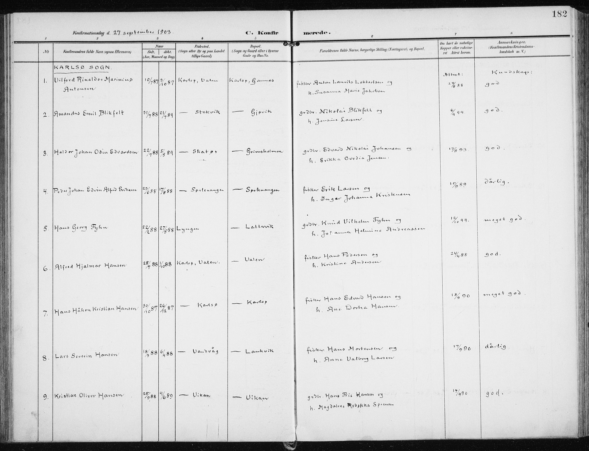 Karlsøy sokneprestembete, AV/SATØ-S-1299/H/Ha/Haa/L0014kirke: Parish register (official) no. 14, 1903-1917, p. 182