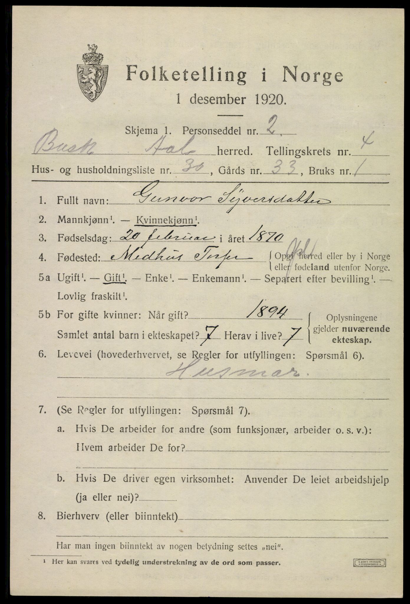 SAKO, 1920 census for Ål, 1920, p. 3324