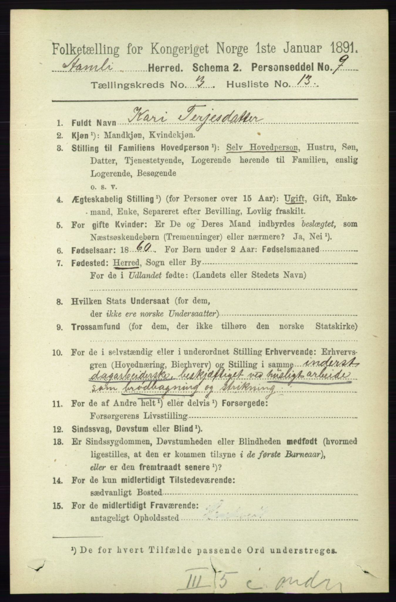 RA, 1891 census for 0929 Åmli, 1891, p. 398