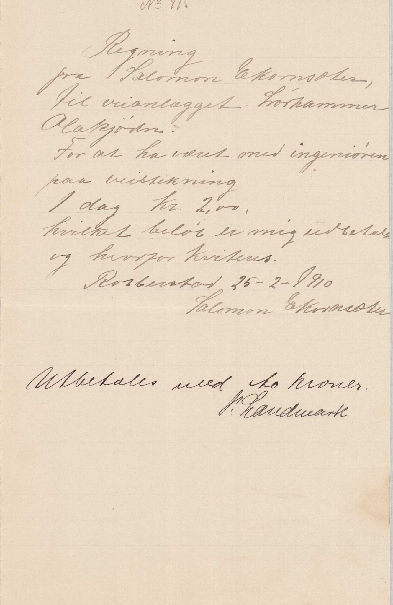 Finnaas kommune. Formannskapet, IKAH/1218a-021/E/Ea/L0001/0003: Rekneskap for veganlegg / Rekneskap for veganlegget Laurhammer - Olakjødn, 1909-1911, p. 29