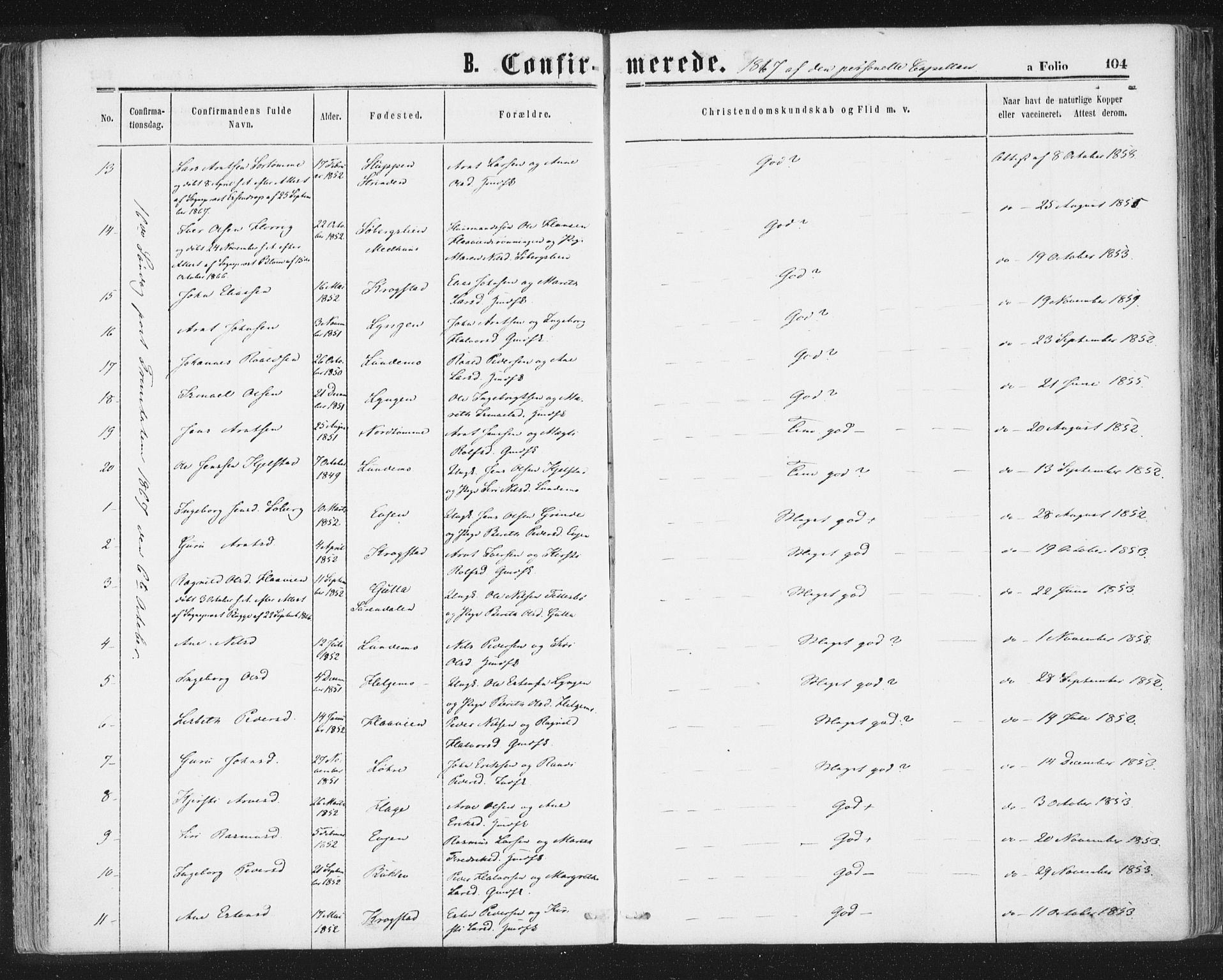 Ministerialprotokoller, klokkerbøker og fødselsregistre - Sør-Trøndelag, SAT/A-1456/692/L1104: Parish register (official) no. 692A04, 1862-1878, p. 104