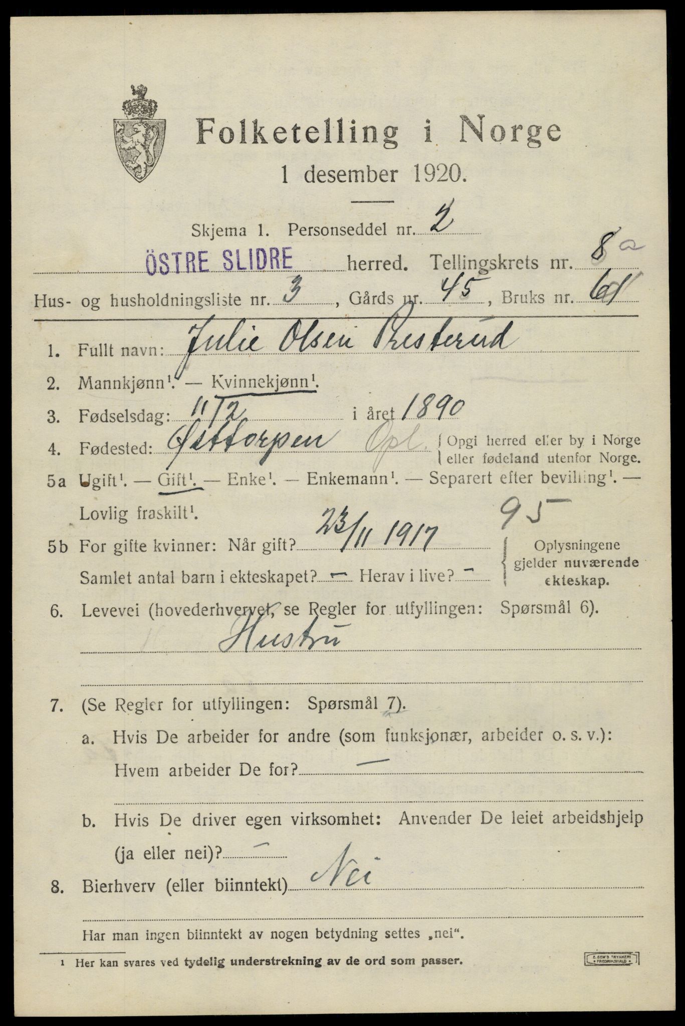 SAH, 1920 census for Øystre Slidre, 1920, p. 5305
