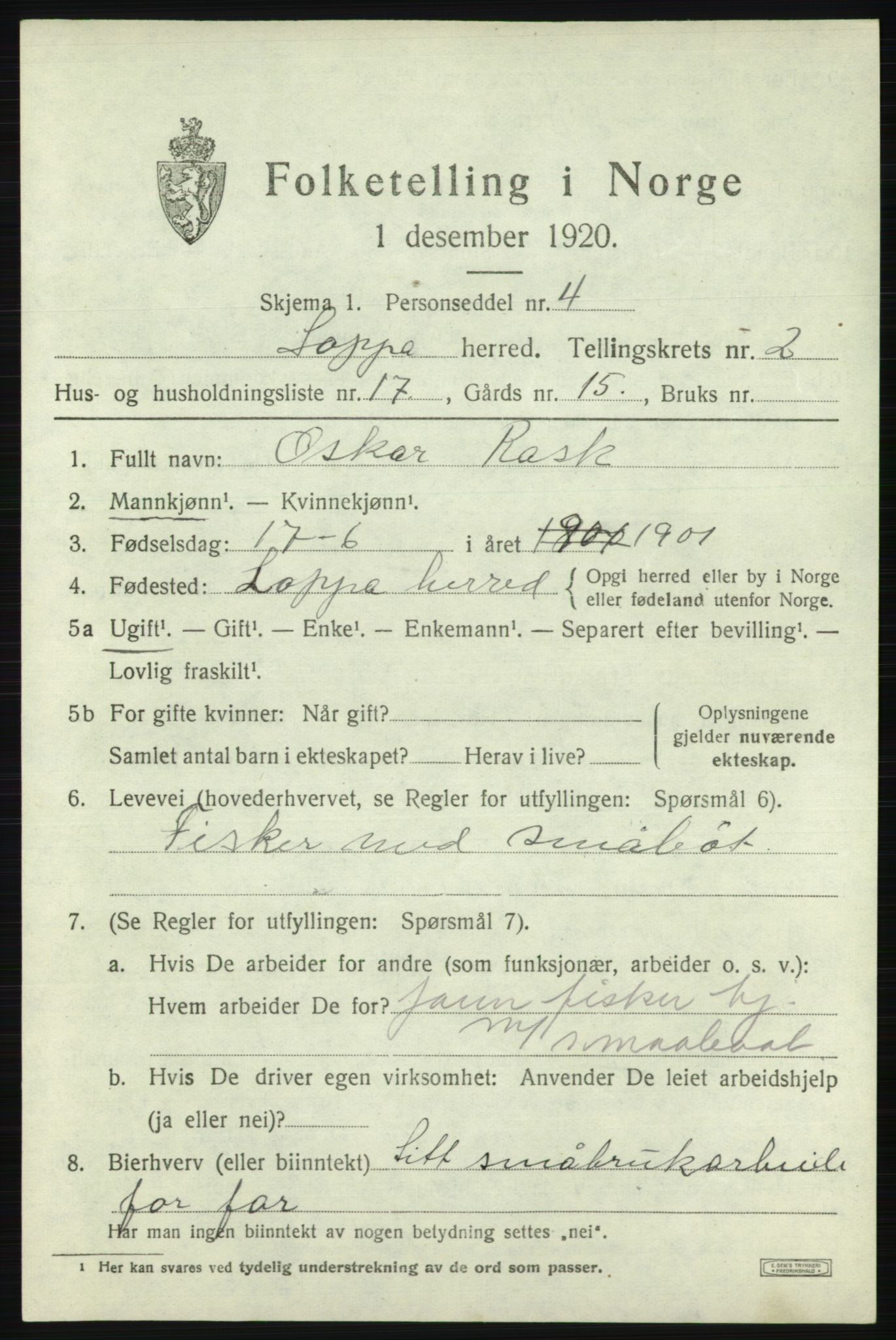 SATØ, 1920 census for Loppa, 1920, p. 984