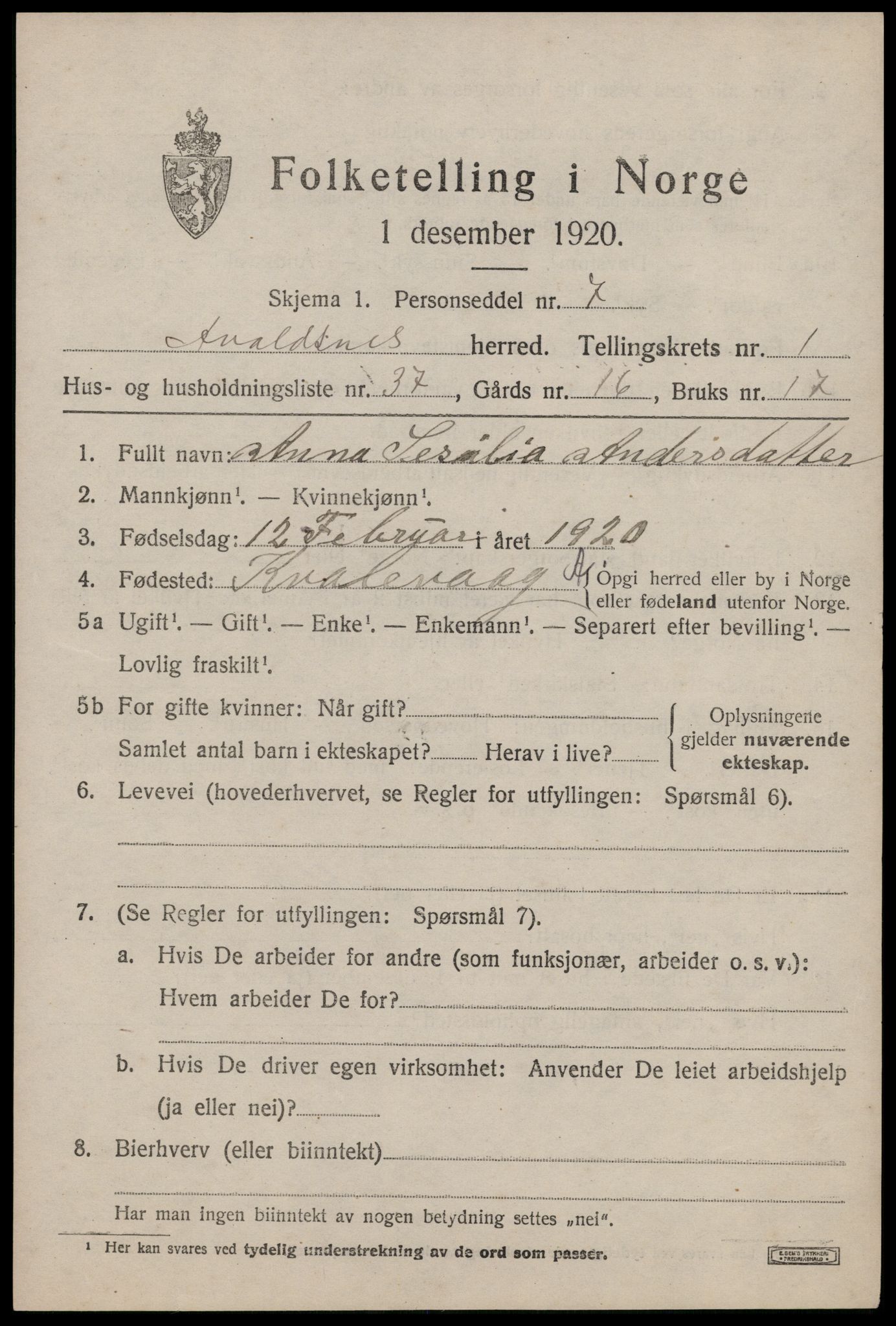 SAST, 1920 census for Avaldsnes, 1920, p. 1821