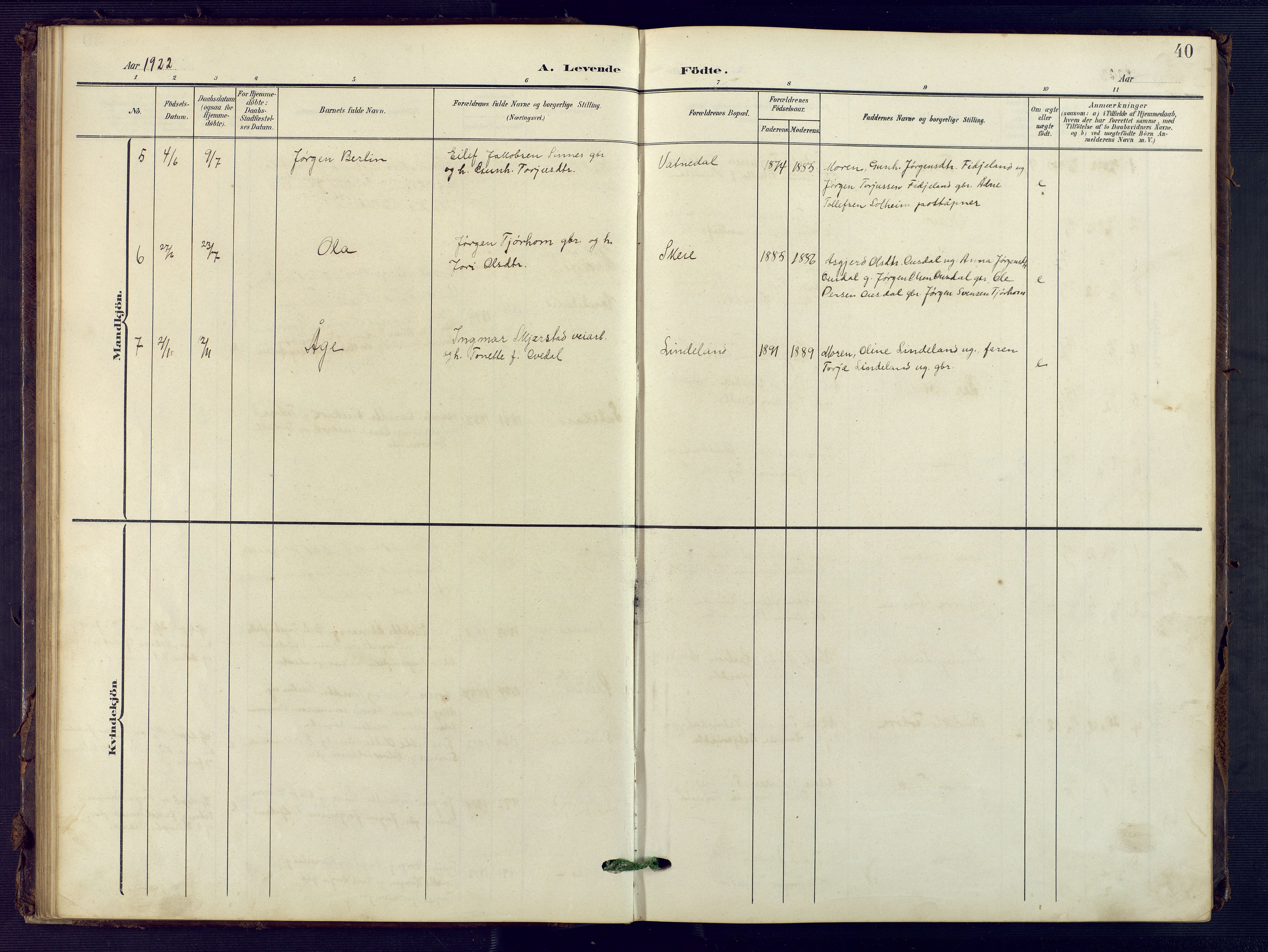 Sirdal sokneprestkontor, SAK/1111-0036/F/Fb/Fba/L0002: Parish register (copy) no. B 2, 1905-1958, p. 40