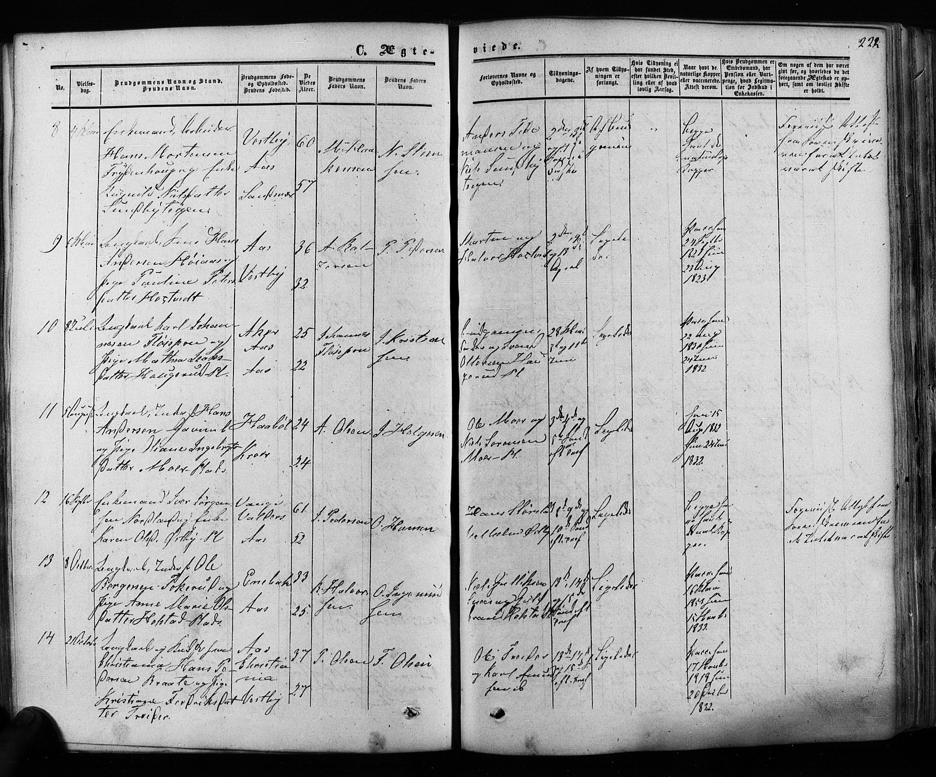 Ås prestekontor Kirkebøker, SAO/A-10894/F/Fa/L0007: Parish register (official) no. I 7, 1854-1870, p. 222