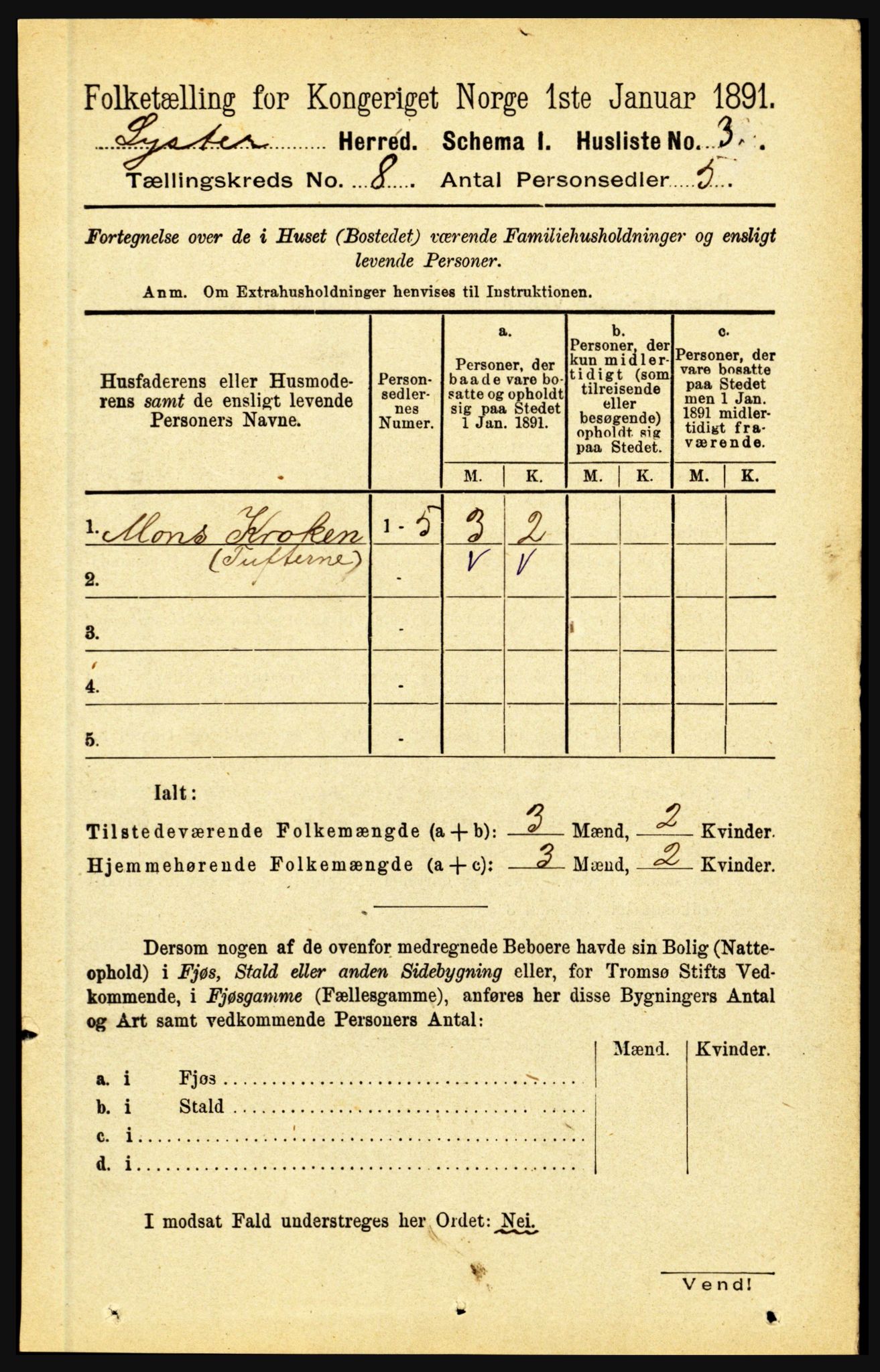 RA, 1891 census for 1426 Luster, 1891, p. 2674