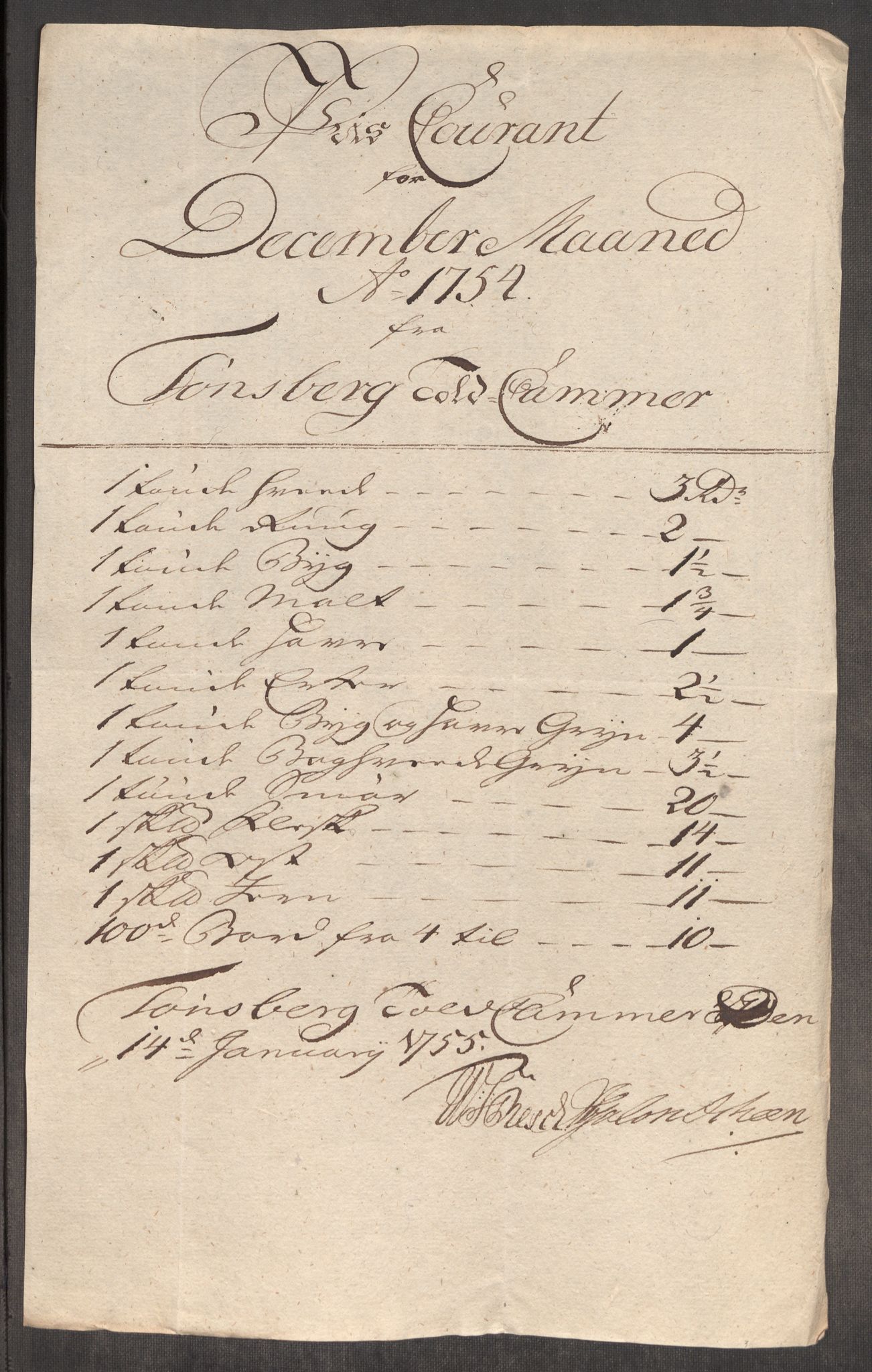 Rentekammeret inntil 1814, Realistisk ordnet avdeling, AV/RA-EA-4070/Oe/L0005: [Ø1]: Priskuranter, 1753-1757, p. 257