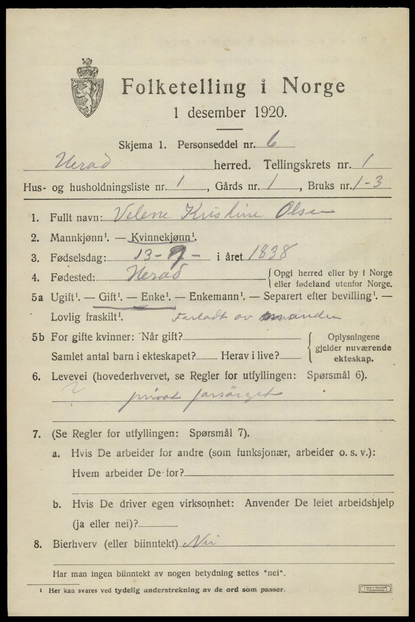 SAK, 1920 census for Herad, 1920, p. 436
